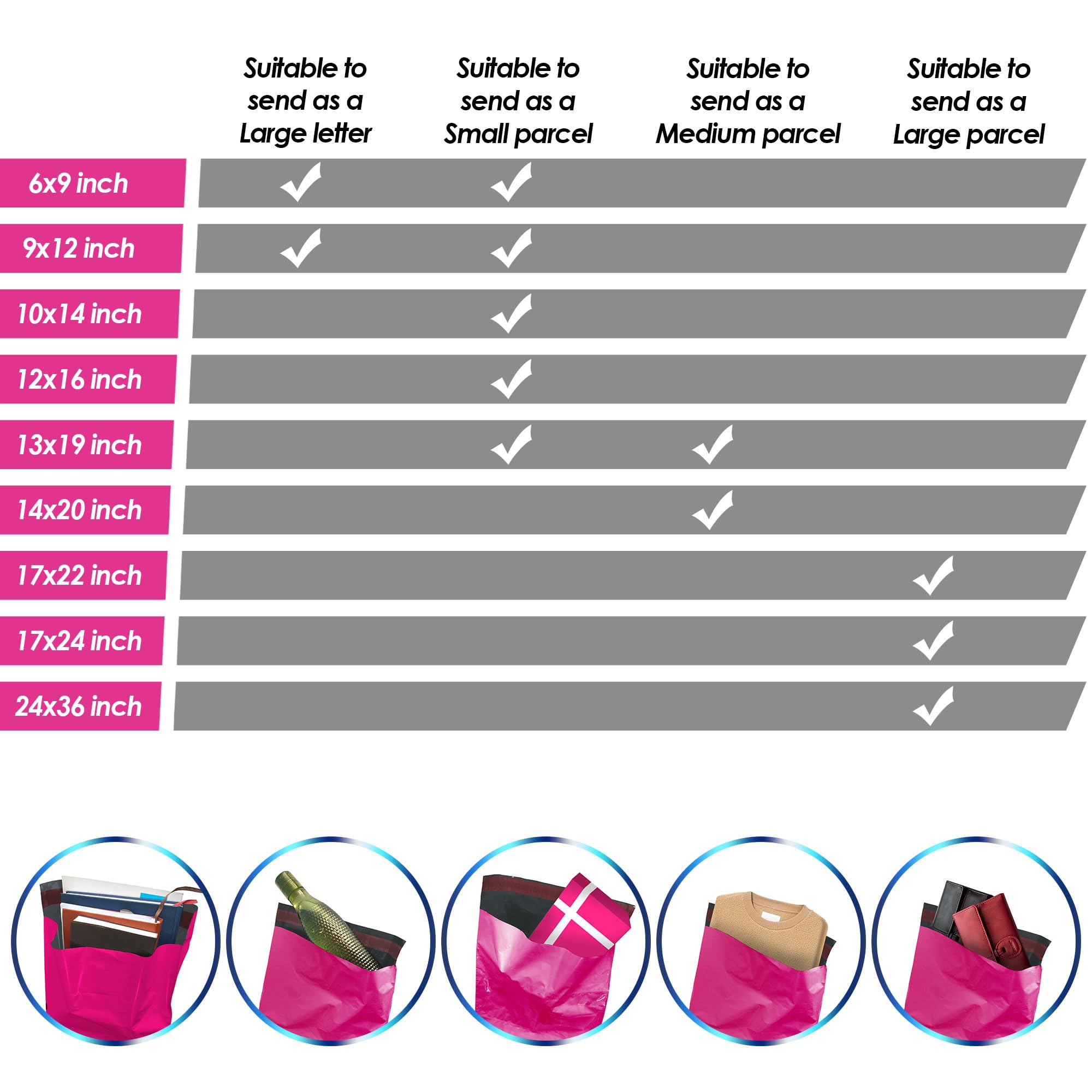 iSOUL Hot Pink Parcel Bags - 50 Count Mixed Sizes (6x9 to 14x19 Inch) | Water Resistant 8