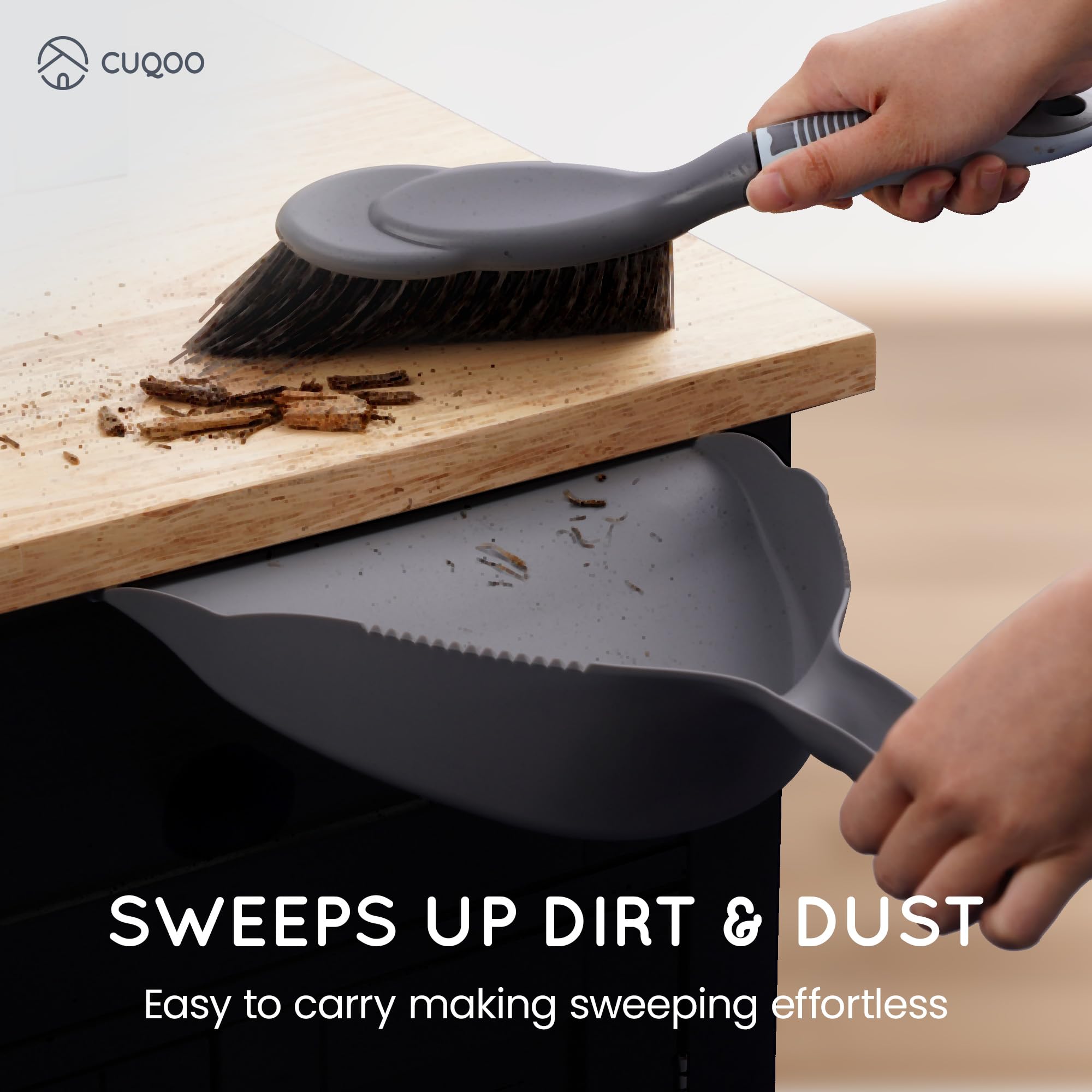 CUQOO Plastic Dustpan and Brush Set - Durable Lightweight Design | Corrugated Edge | Grey
