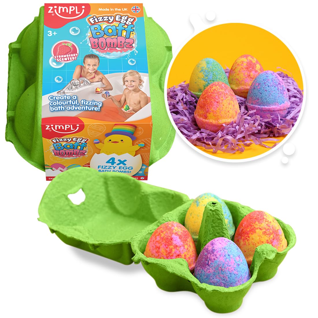 ZIMPLI 4 Pack Fizzy Egg Baff Bombz | Strawberry Scented | UK Made | Non-Staining