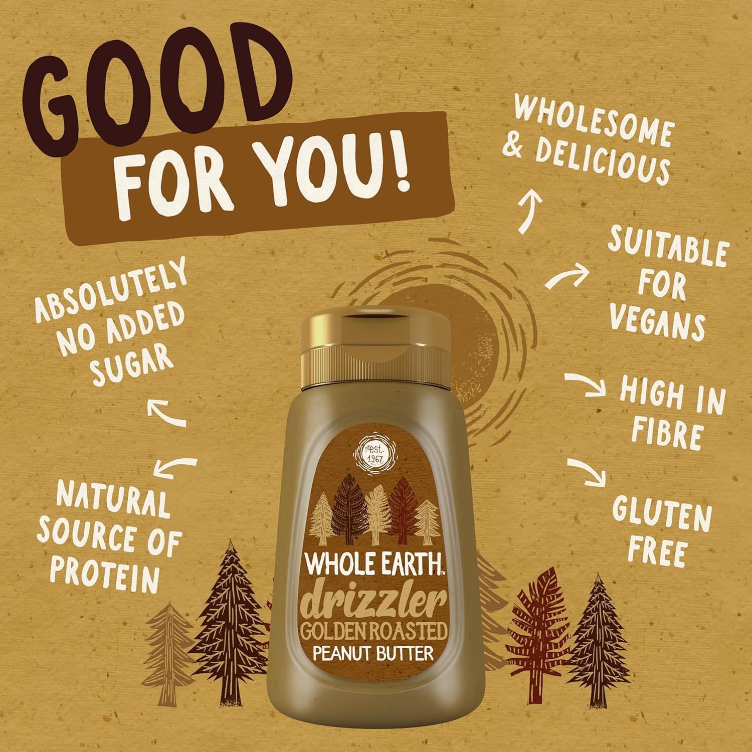 Whole Earth Drizzler Golden Roasted Super Smooth Peanut Butter - 6 x 320g Squeezy Bottles 6