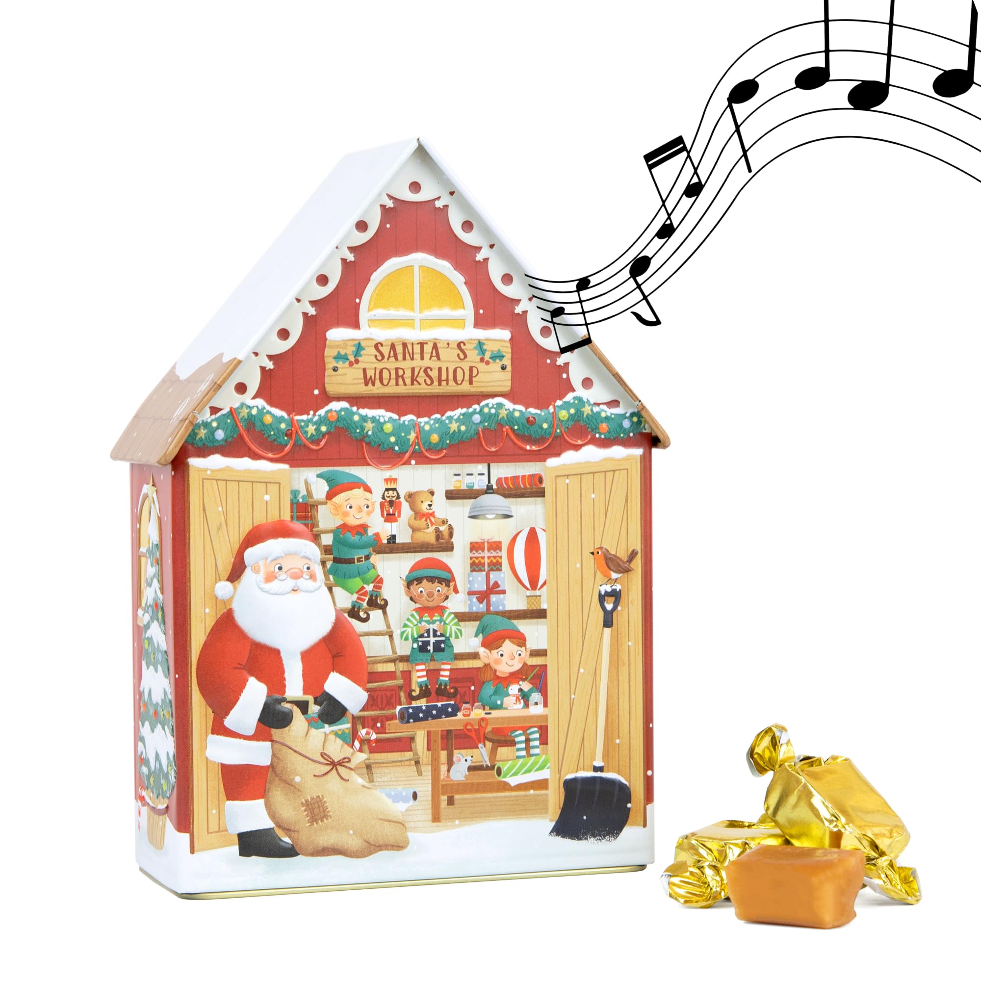The Silver Crane Co. Santa's Workshop Musical Tin - Devon Toffee Filled Christmas Gift
