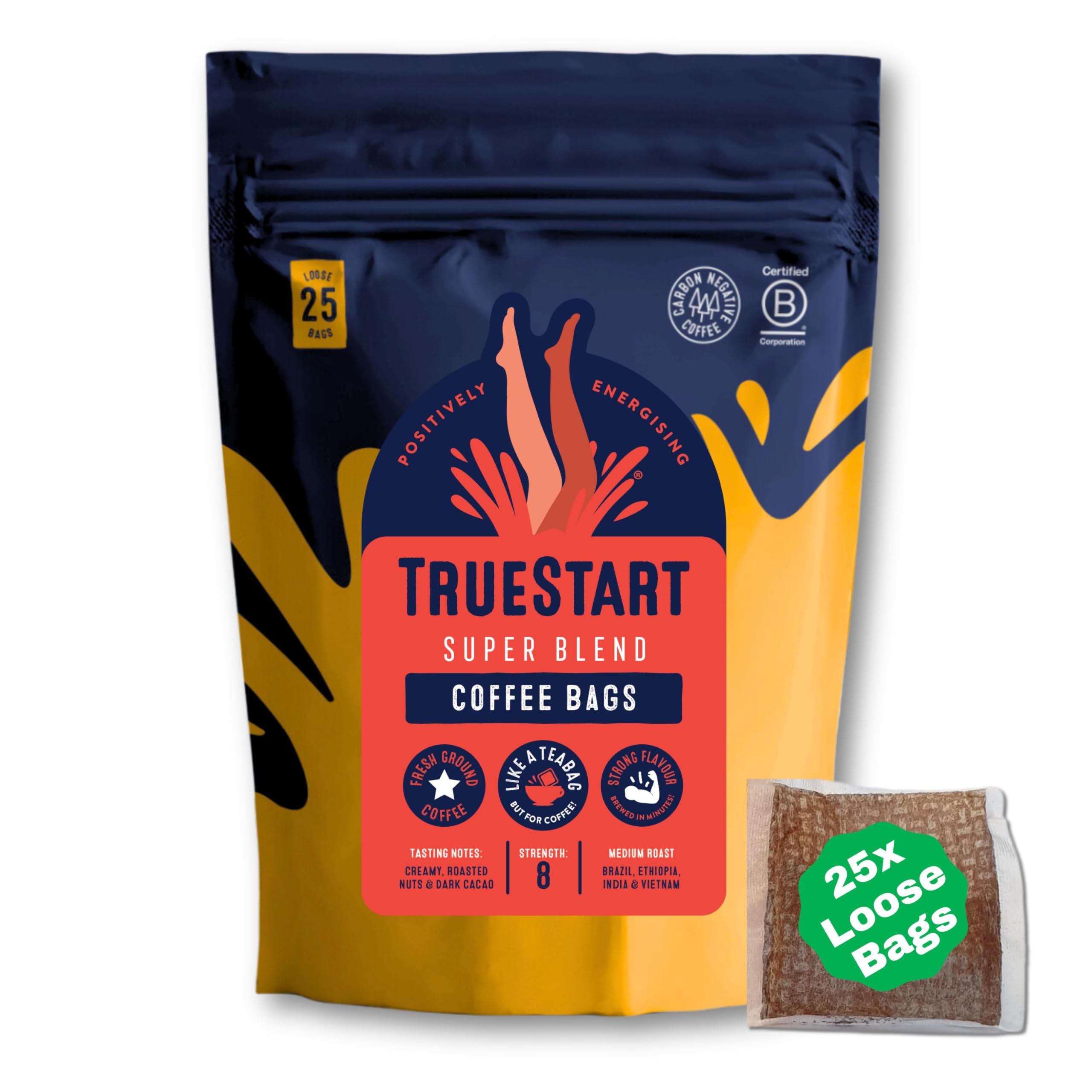 TrueStart Coffee Bags, Super Blend Strong – 25 Loose Bags, Mycotoxin-Free, Rich in Antioxidants, Gluten Free, Individually Wrapped & Resealable Pouch 1