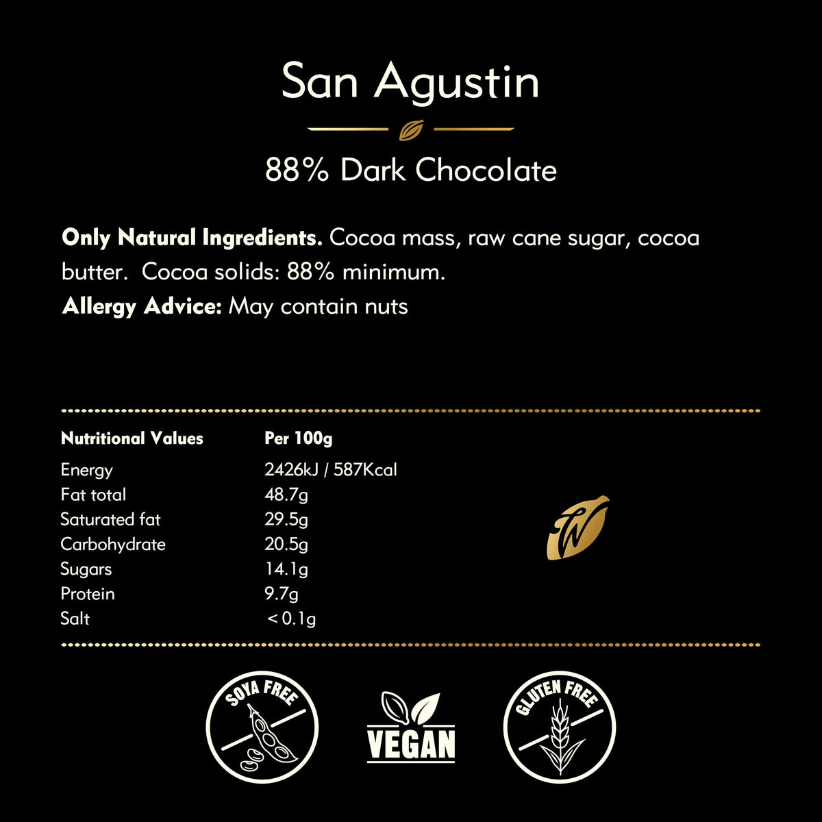 Willie's Cacao San Agustin 88% Dark Chocolate Bar - 50g - Vegan