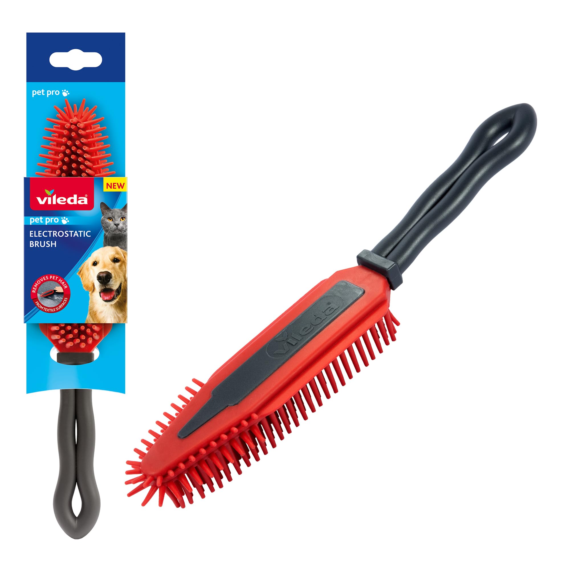 Vileda Pet Pro Electrostatic Brush - Silicone, Red/Grey, Ideal for Pet Hair Removal from Carpets & Upholstery