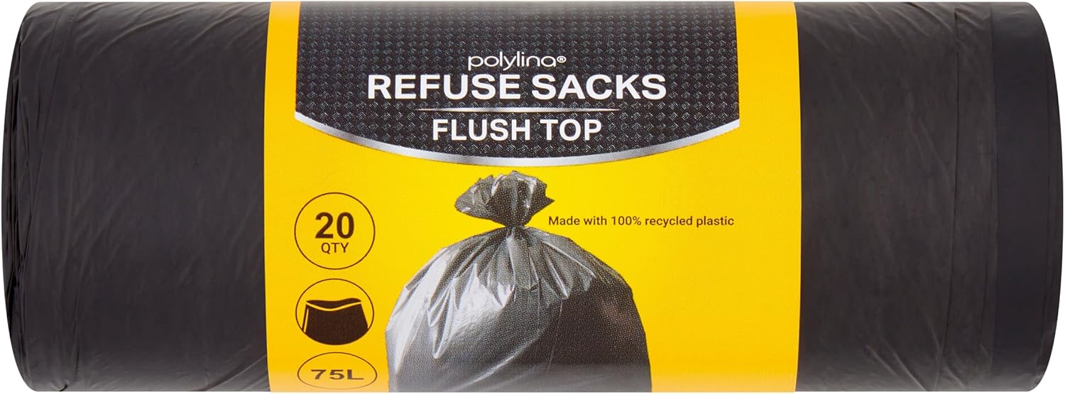 Polylina 20 Pack 75L Flat Top Black Bin Liners Made with 70% Recycled Plastic 1