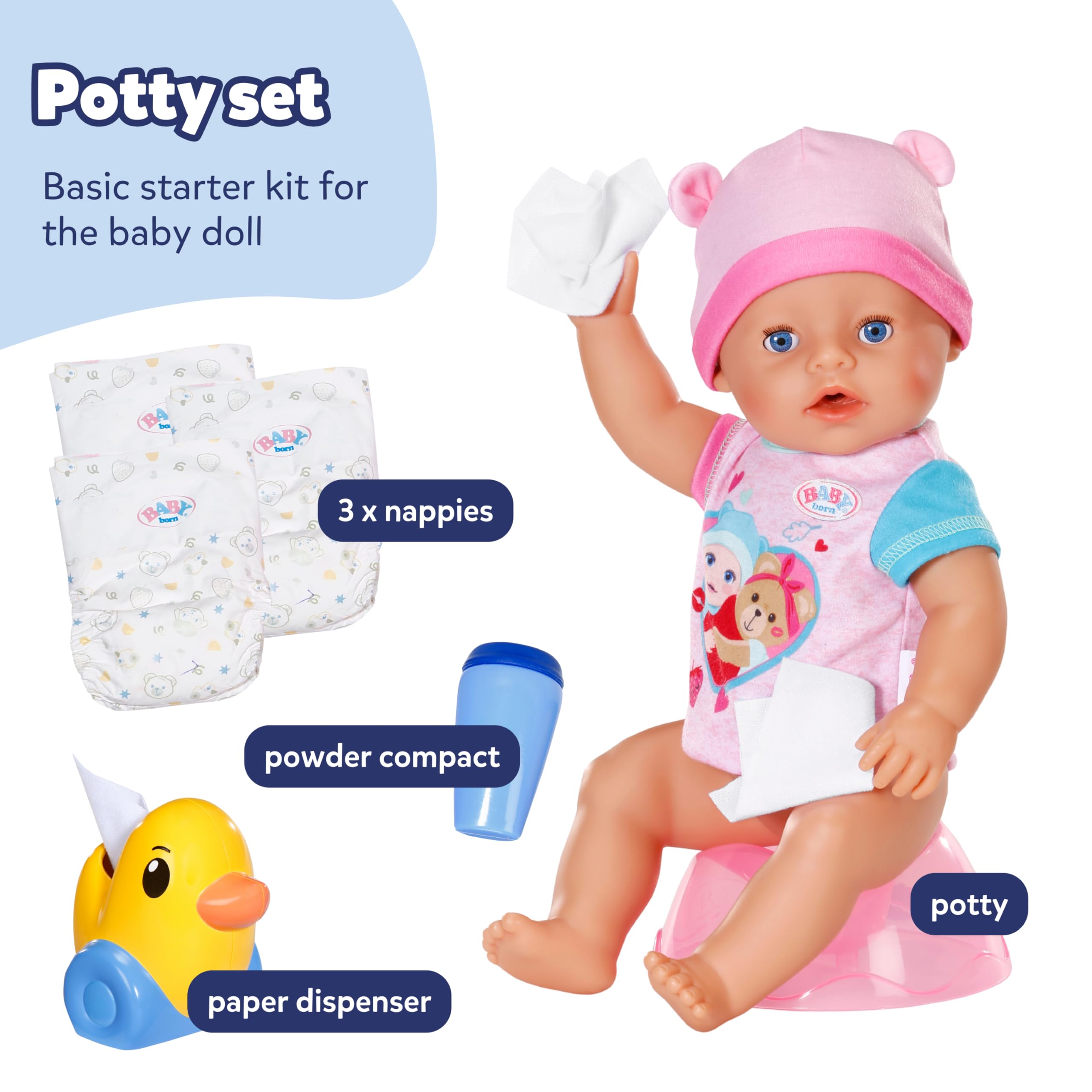 BABY born Potty Set - Includes Diapers, Cream Jar & Duck Berta Tissue Dispenser | Pink Plastic
