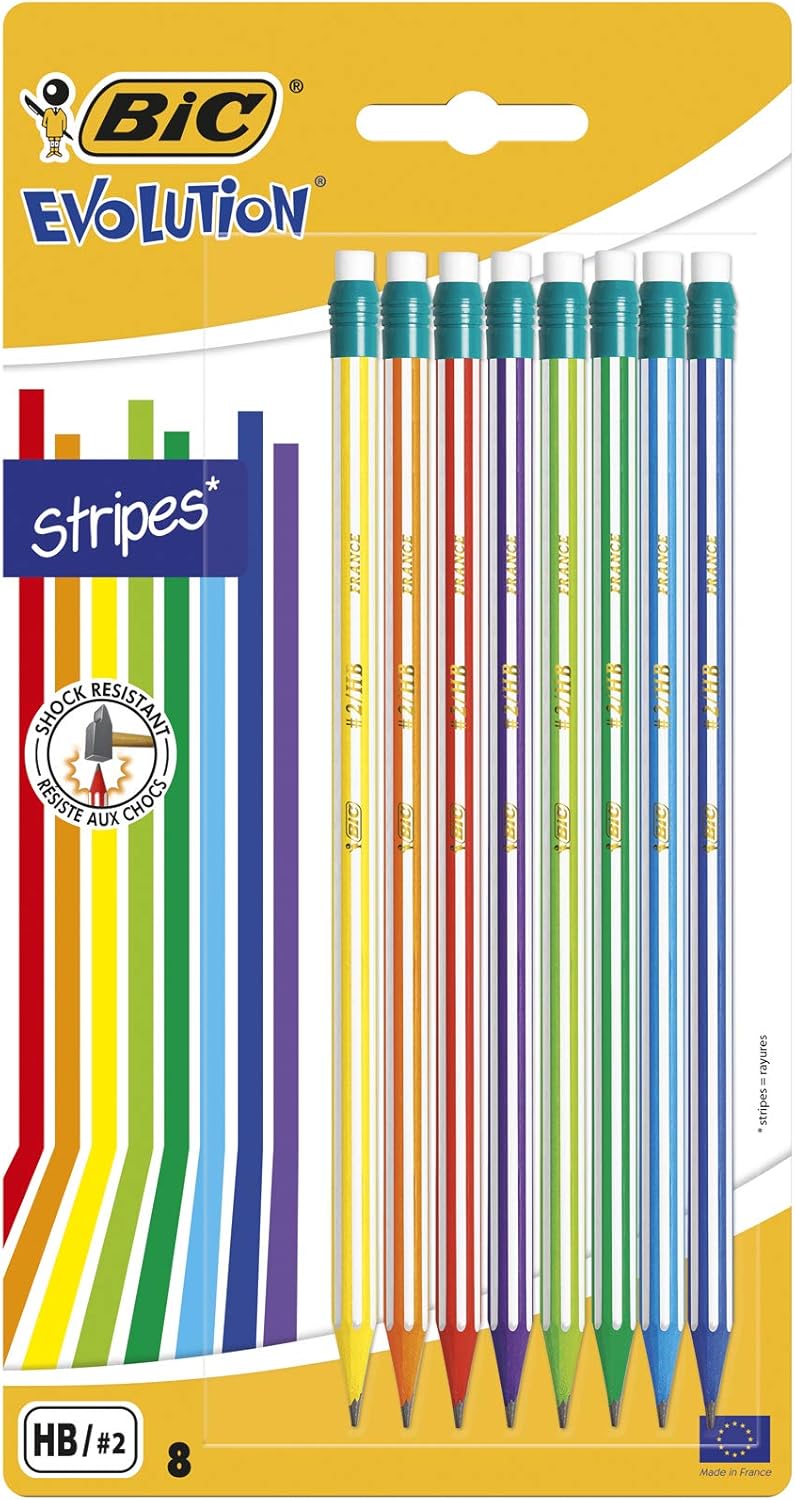 BIC Evolution Graphite Pencils - Pack of 8 - HB Pencils with Eraser - Colourful Stripe Design and Shock-Resistant Lead