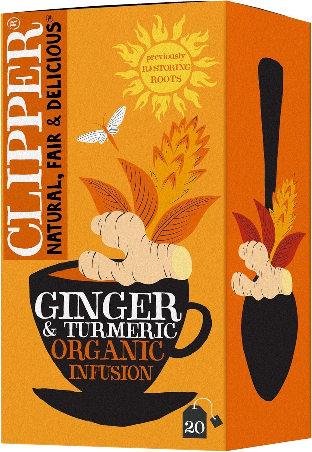 Clipper Natural, Fair & Delicious Organic Restoring Roots Ginger & Turmeric Herbal Tea Bags | 20 Count