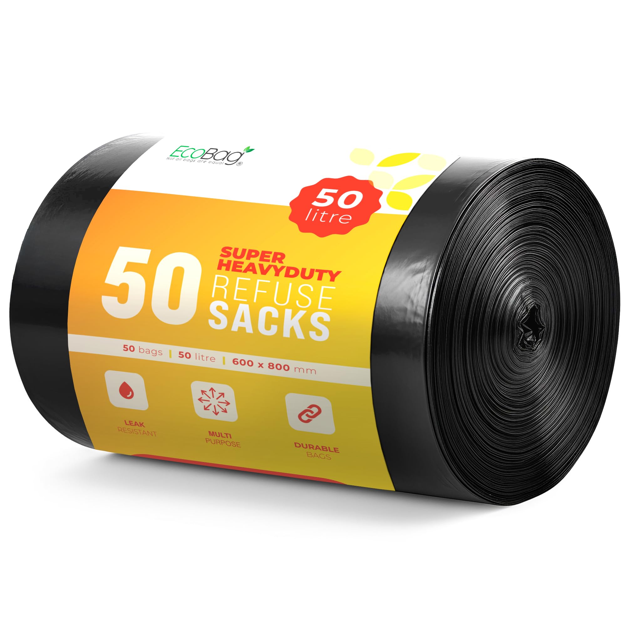 EcoBag Super Strong Heavy Duty Refuse Sacks - 50L Capacity, 50 Pack | Leak Resistant, Recyclable