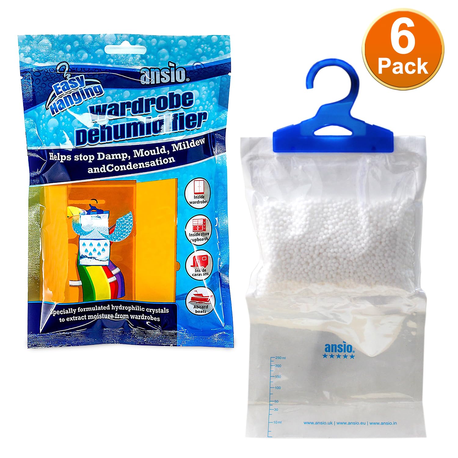ANSIO Wardrobe Dehumidifier Disposable Hanging Bags - Pack of 6 | Removes Damp & Condensation