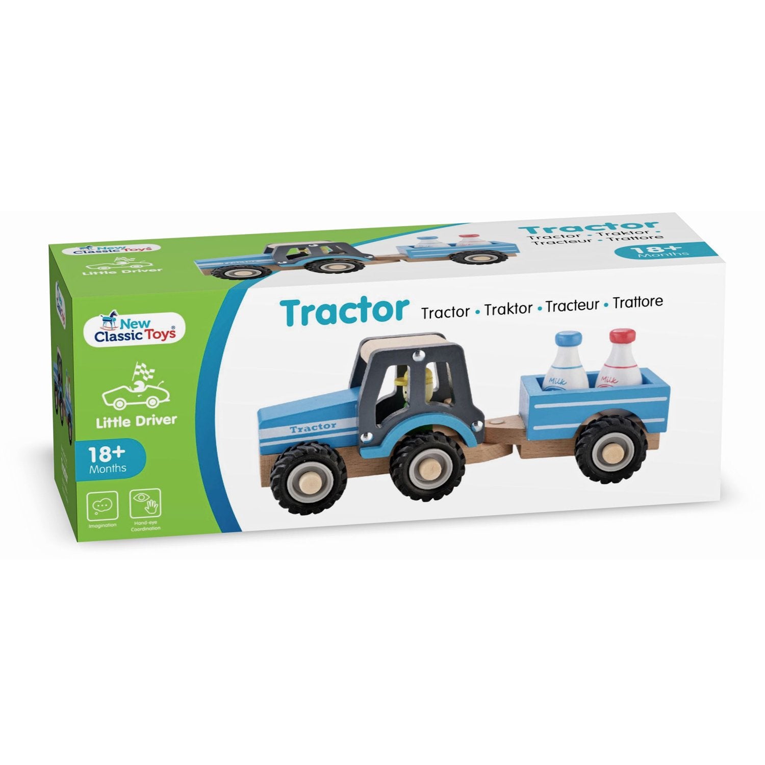 New Classic Toys Wooden Tractor with Trailer and Milk Bottles - Ages 1.5+ 5