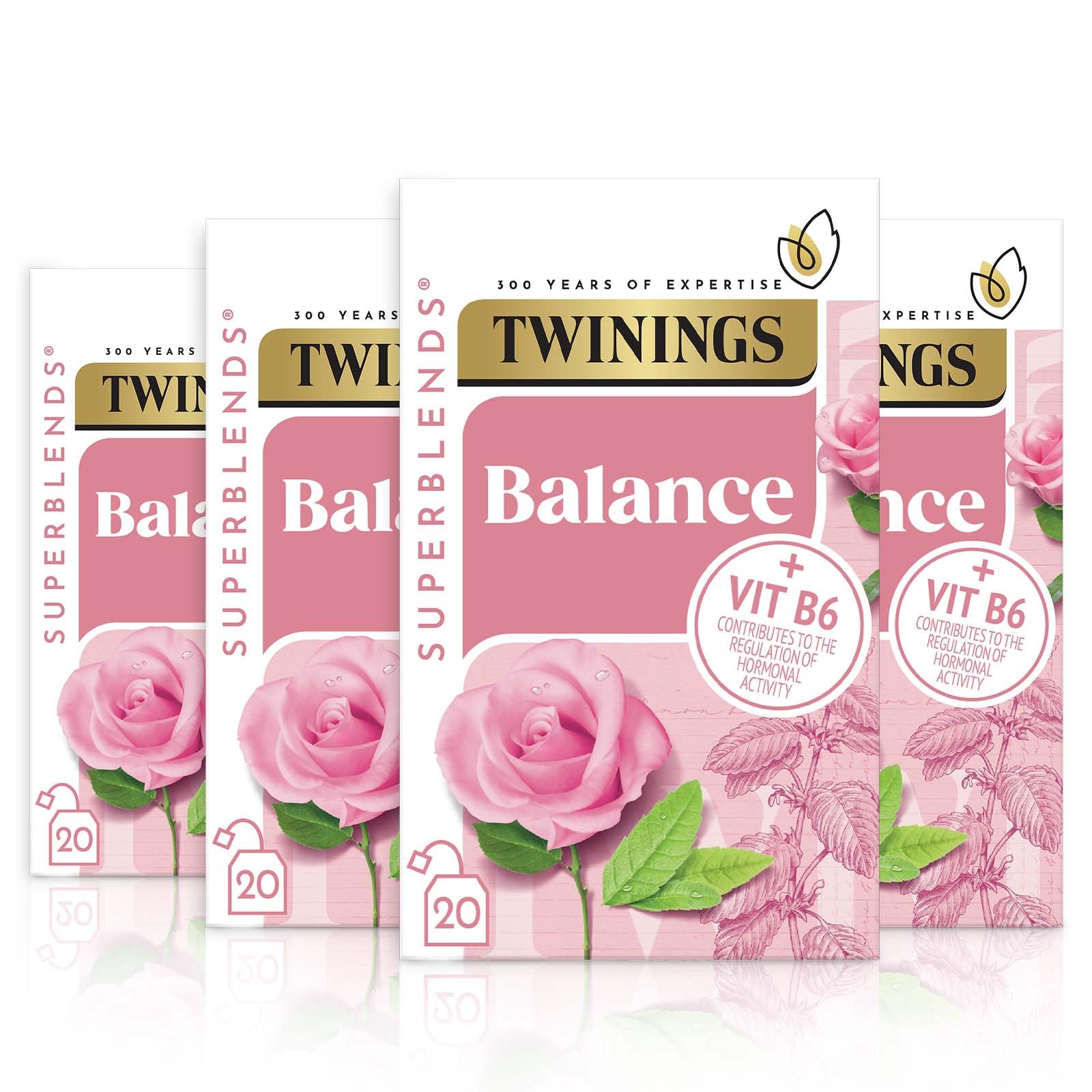 Twinings Superblends Balance Herbal Tea with Vitamin B6 - Rose & Lychee, Caffeine Free | 4 Pack of 20 Tea Bags