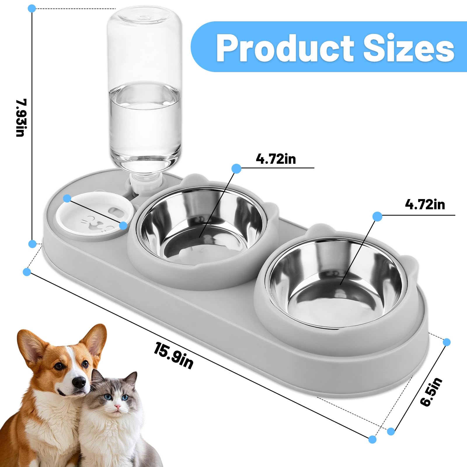 MOXYOY 3-in-1 Raised Cat Food and Water Bowl Set with Automatic Water Replenishment | Grey