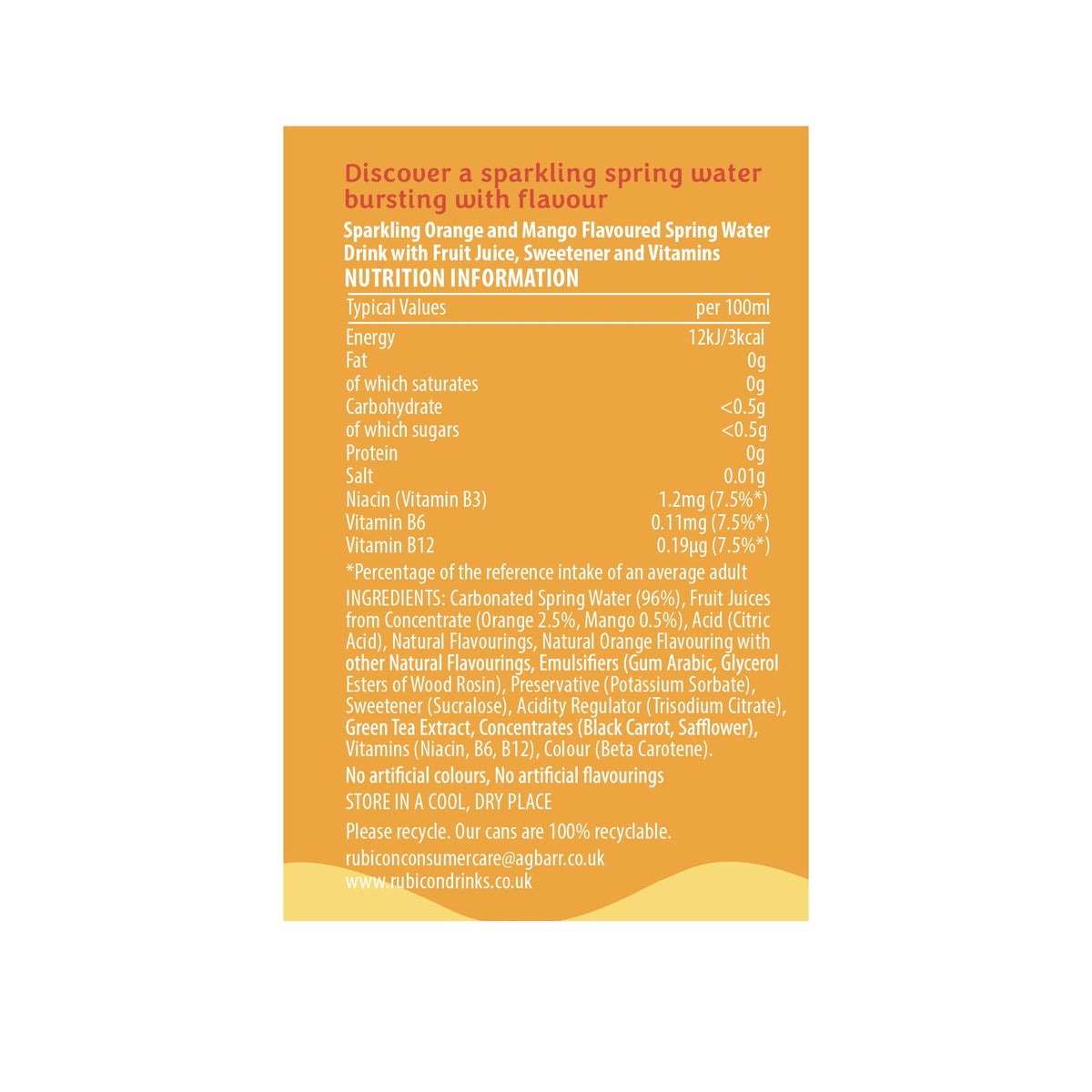 Rubicon Spring Orange Mango Sparkling Spring Water with Real Fruit - 12 x 500ml