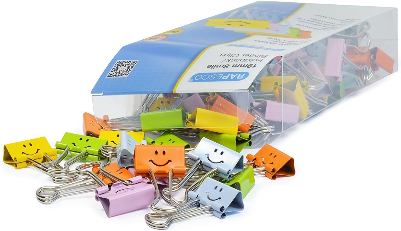 Rapesco 1428 19 mm Smiles Foldback Clips, Assorted Colours, Pack of 80