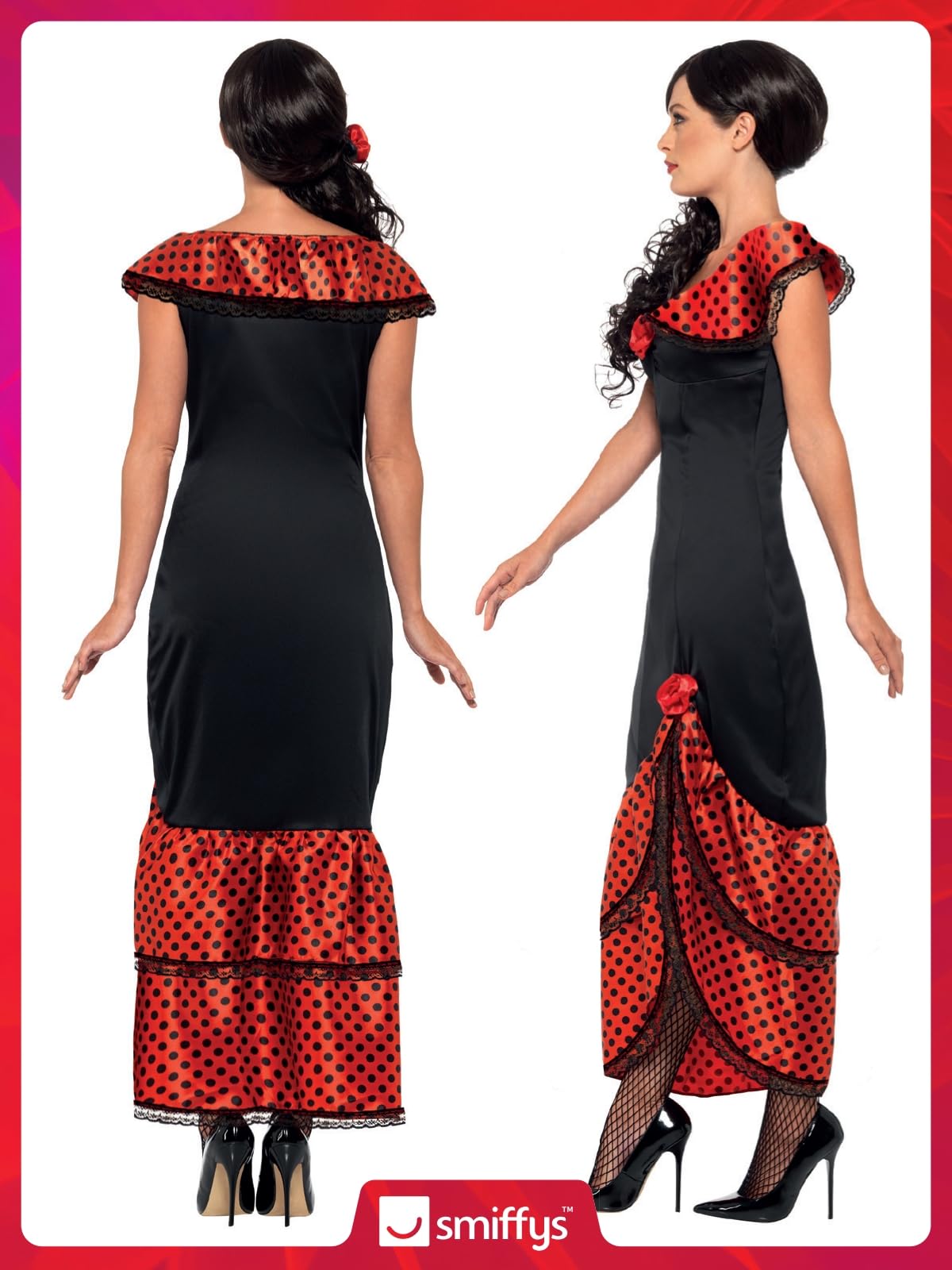 Smiffys Flamenco Senorita Costume - Adult Women's Size M (UK 12-14) | Black & Red Dress with Headpiece 4