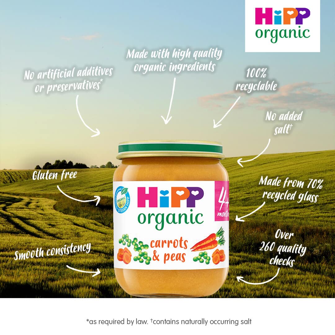 HiPP Organic Carrots & Peas Baby Food Jar 4+ Months 125g (Pack of 6) 4