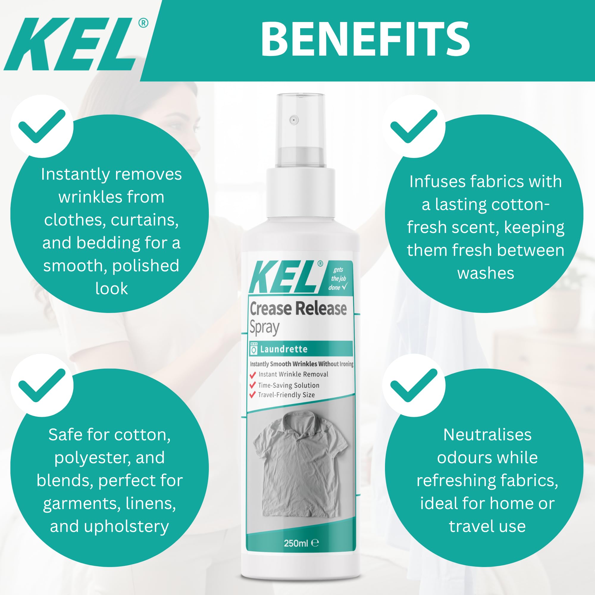 KEL Crease Release Spray - Instant Wrinkle & Odour Remover, Cotton Fresh Scent, 250ml 4