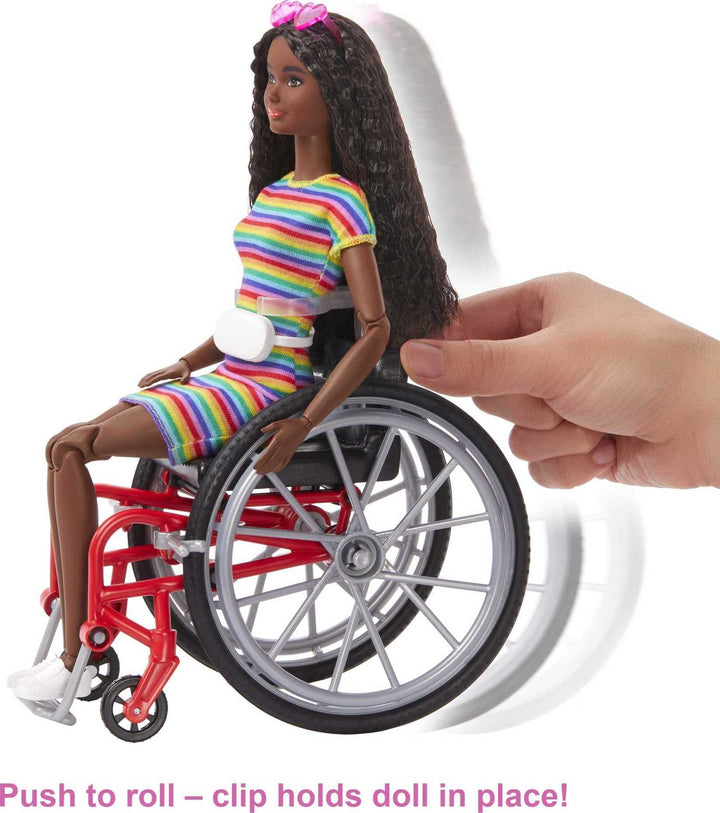 Barbie Fashionistas Doll #166 with Wheelchair & Crimped Brunette Hair - Rainbow Dress, 22 Joints