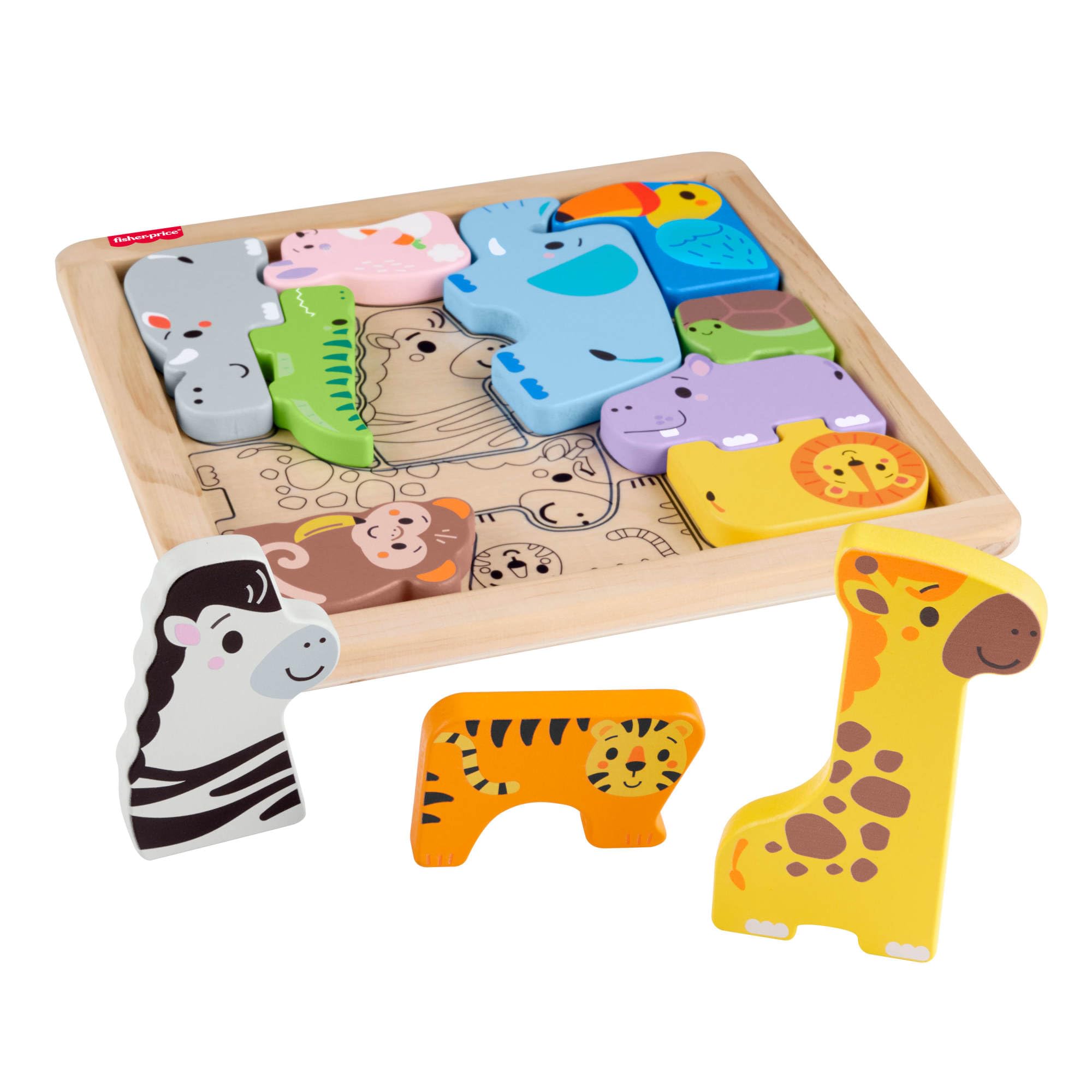 Fisher-Price Wooden Animal Puzzle - 13-Piece Shape-Sorting Activity for Toddlers 2Y+
