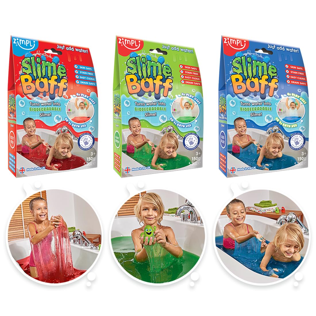 ZIMPLI Slime Baff Bundle - 3 Colors (Red, Green, Blue), Messy Sensory Play for Kids