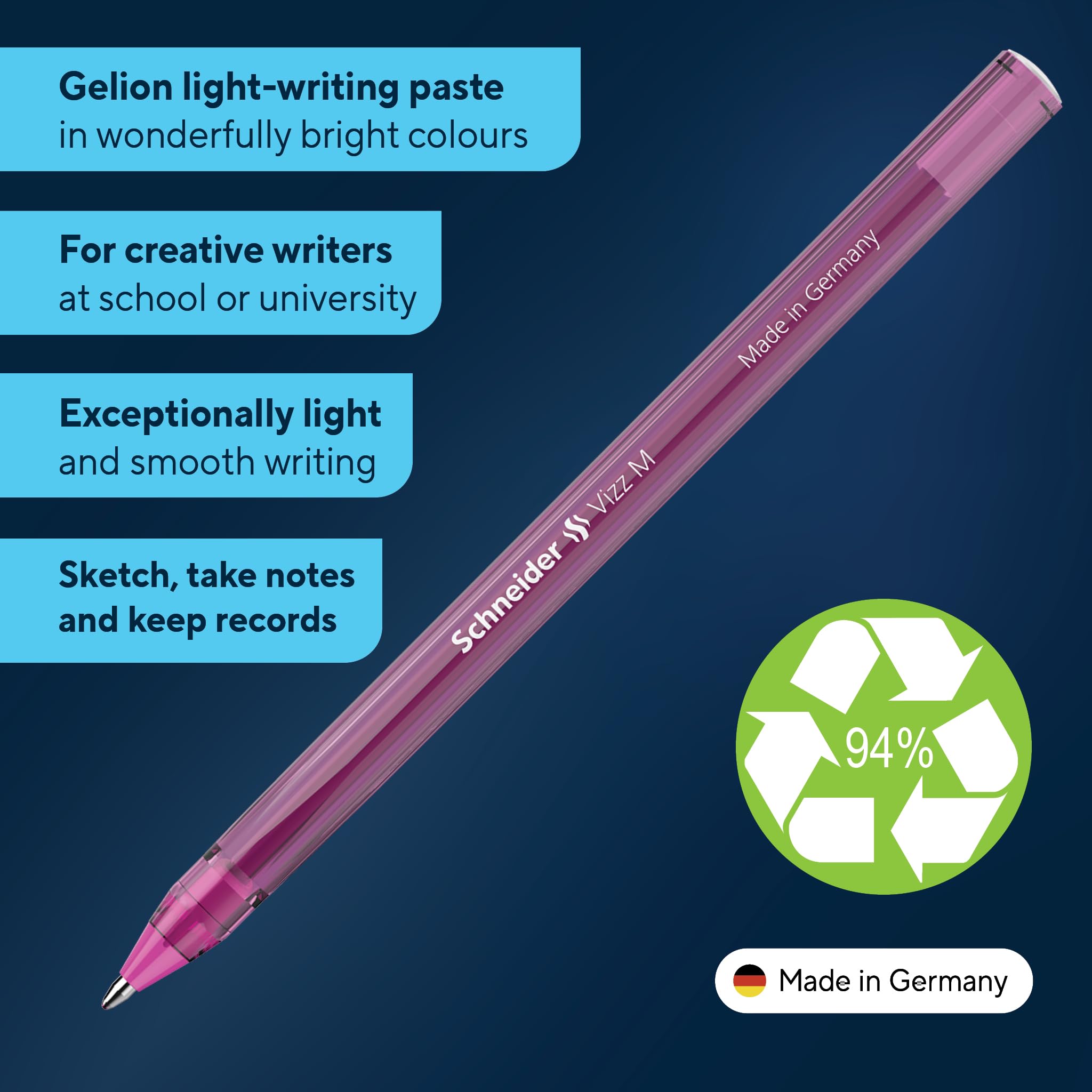 Schneider Vizz Ballpoint Pen - 10 Pack Pink Ink, 0.7mm Medium Point | 94% Recycled Housing