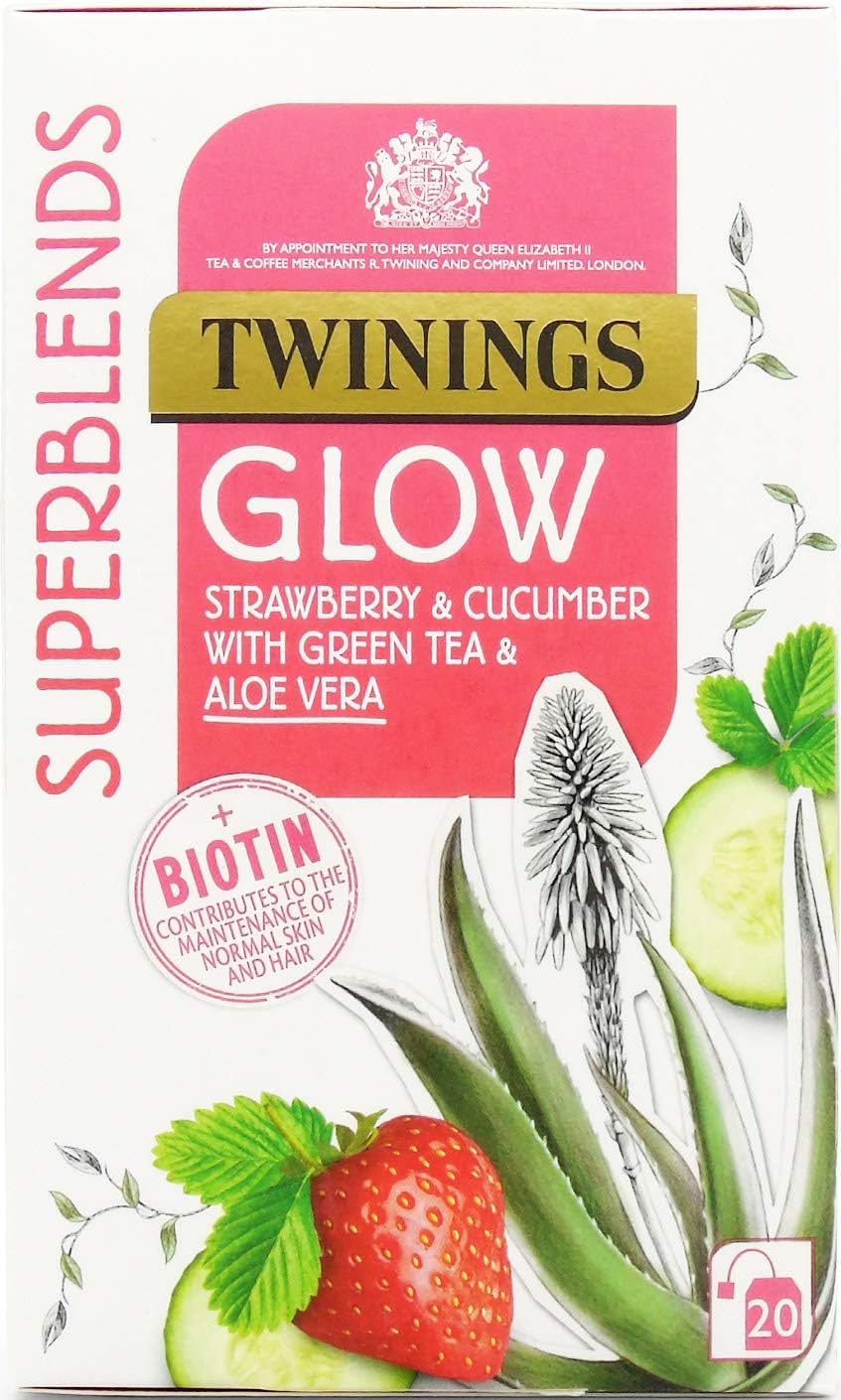 Twinings Superblends Glow Tea - Strawberry & Cucumber Green Tea with Aloe Vera & Biotin (20 Bags) 1