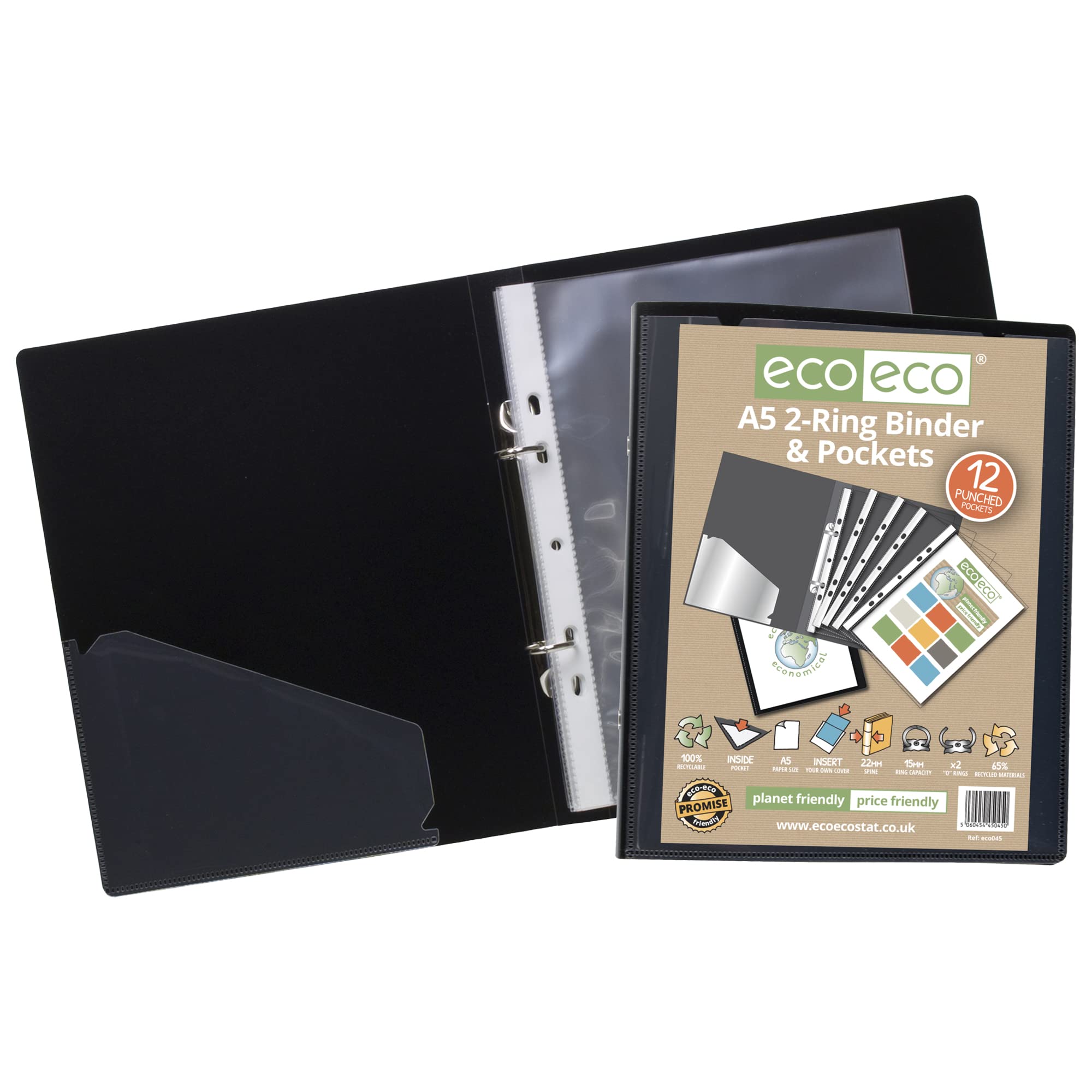 eco-eco A5 65% Recycled Presentation Ring Binder with 12 Pockets - Black, 15mm Capacity 3