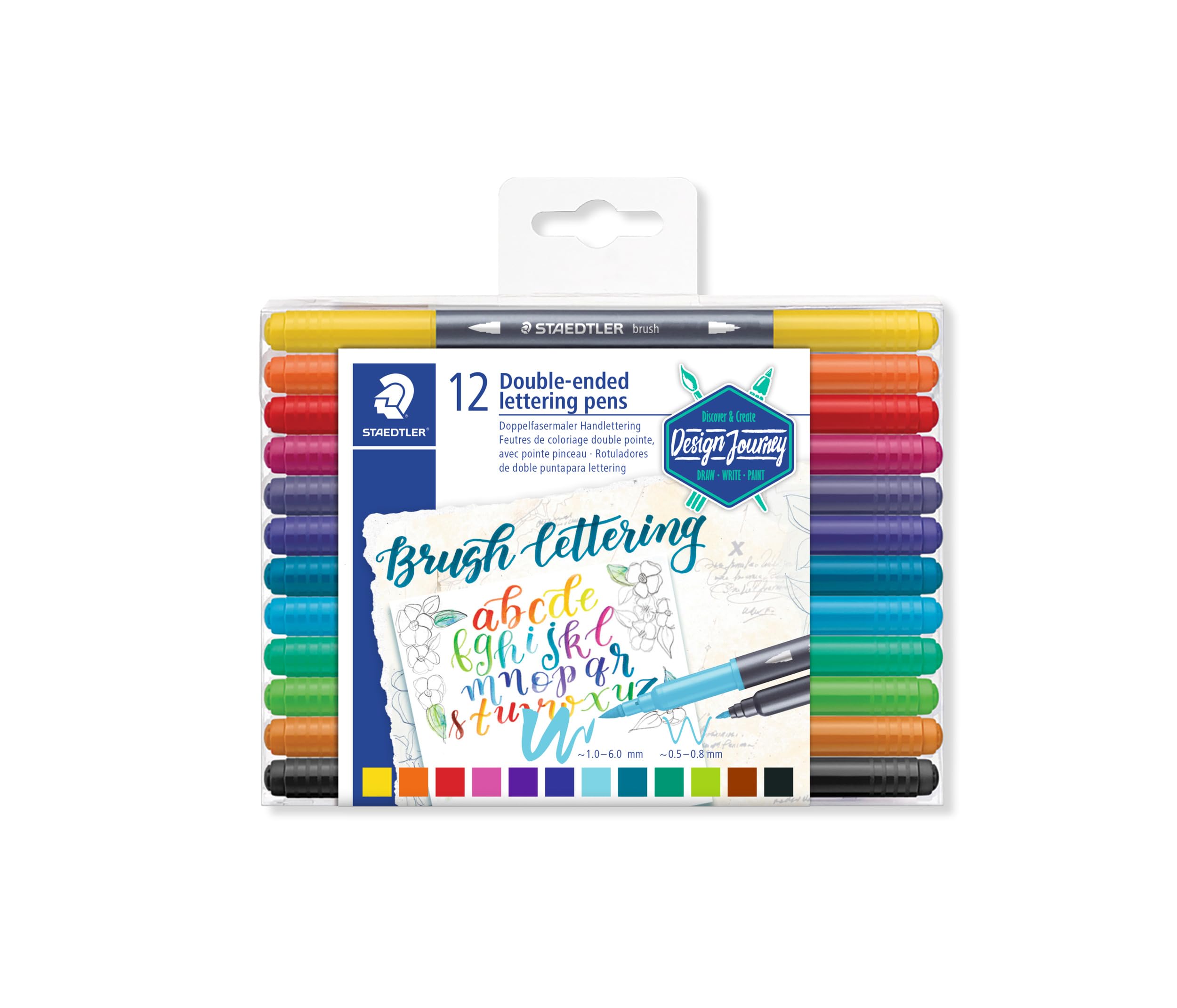 STAEDTLER Design Journey Double-Ended Brush Lettering Pens - 12 Bright Colors | 0.5-6.0mm Line Width