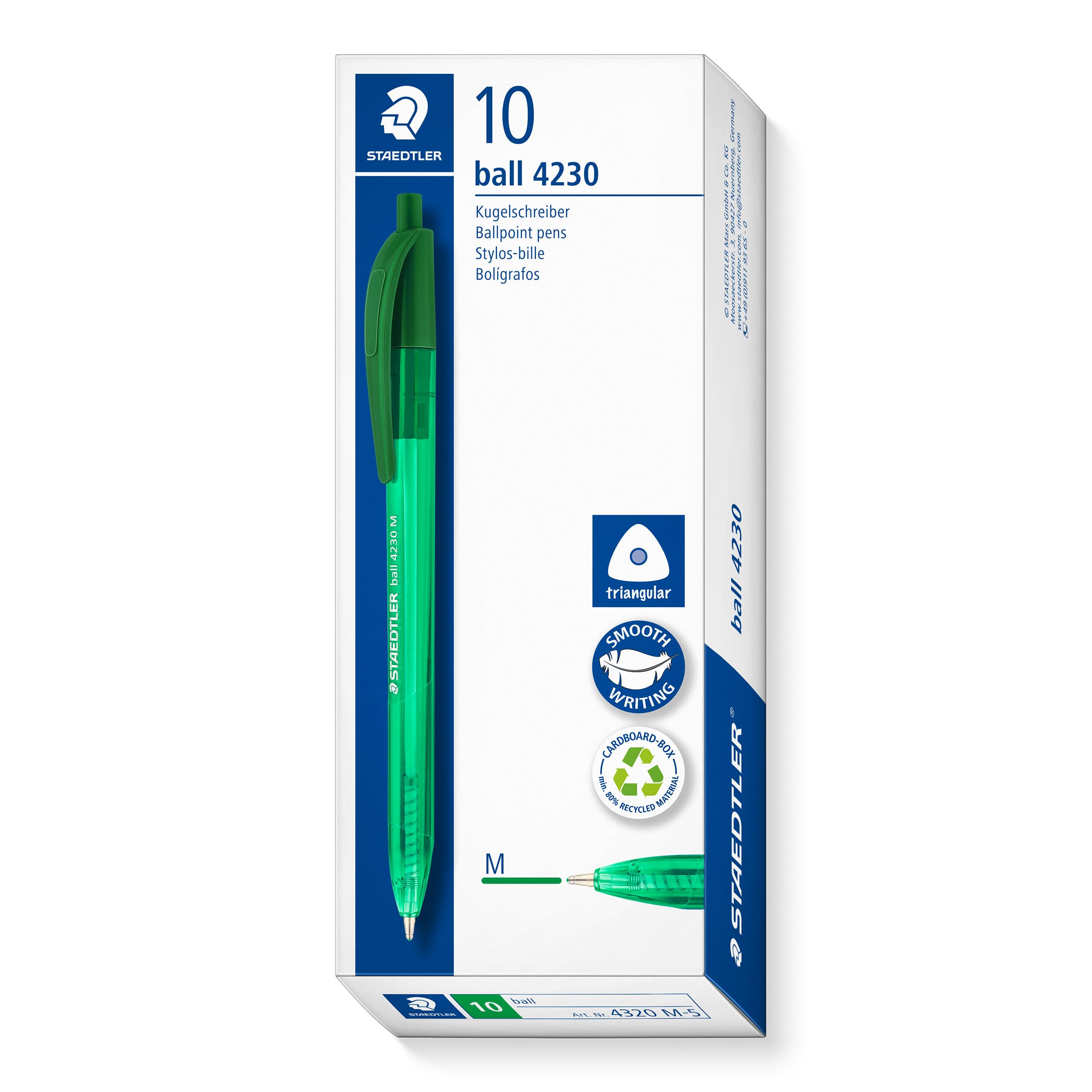 STAEDTLER 4230 M-5 Retractable Ballpoint Pen - Green Ink | 1.0mm Medium Point | Pack of 10