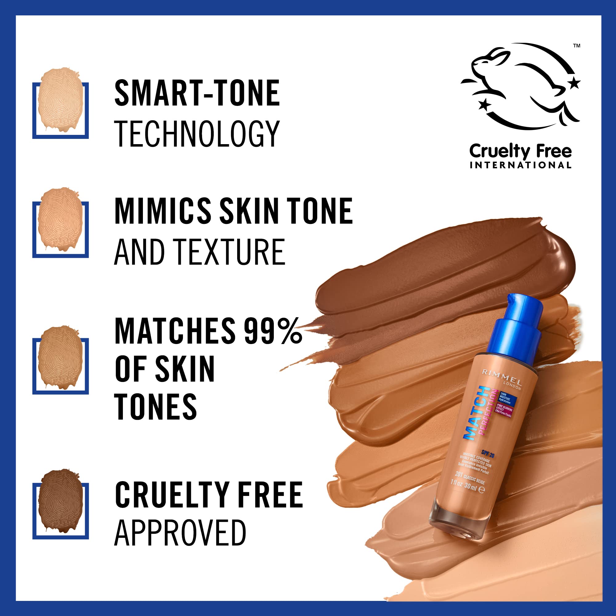 Rimmel Match Perfection Foundation - Liquid Foundation SPF20, Soft Beige 200, 30g