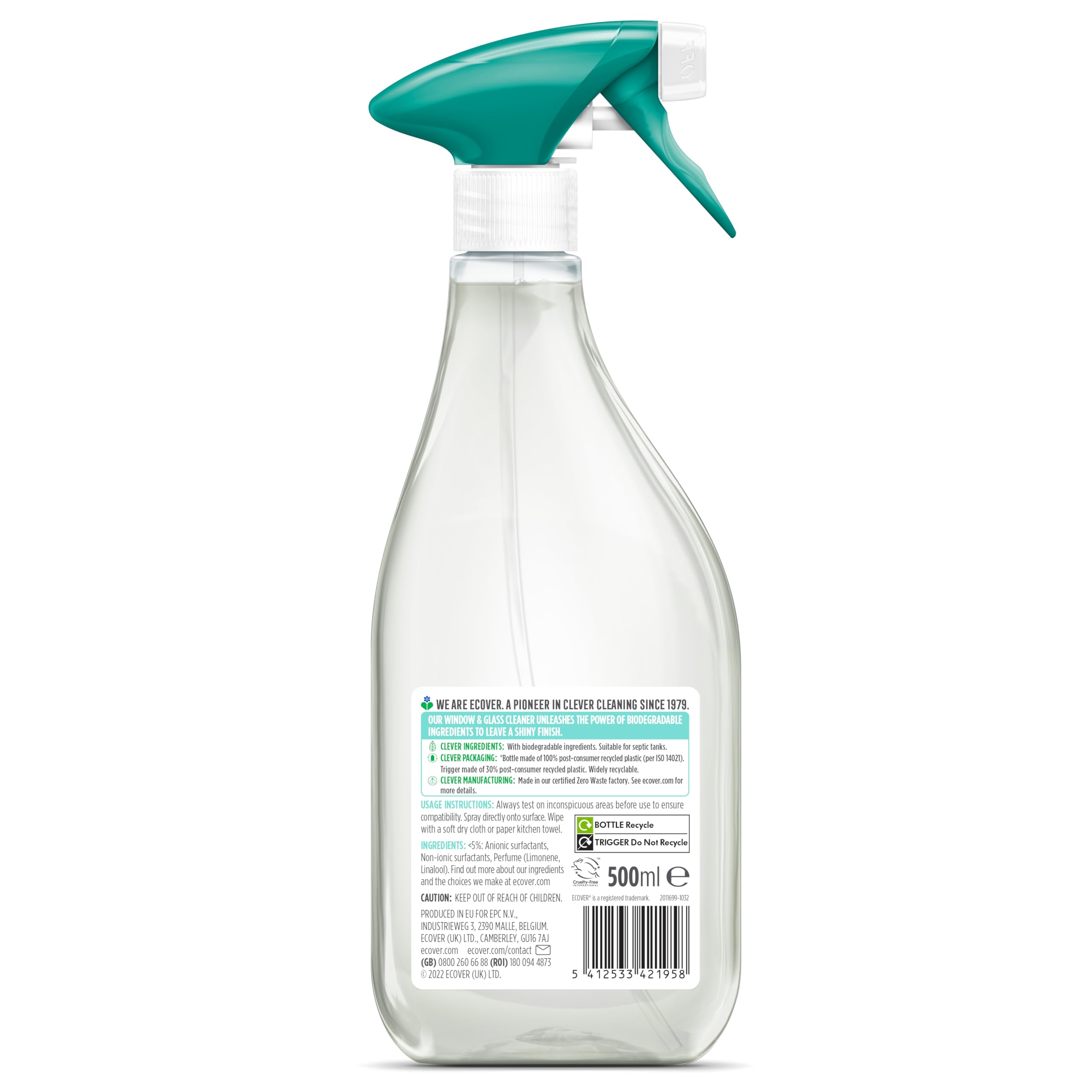Ecover Glass Cleaner Spray - Biodegradable, Grapefruit & Green Tea Scent | 500 ml