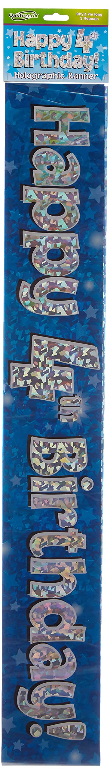 OakTree Happy 4th Birthday Banner - 9 ft Blue Holographic