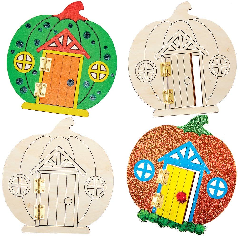 Baker Ross FX250 Pumpkin Wooden Fairy Doors - Pack of 4 Halloween Craft Kit