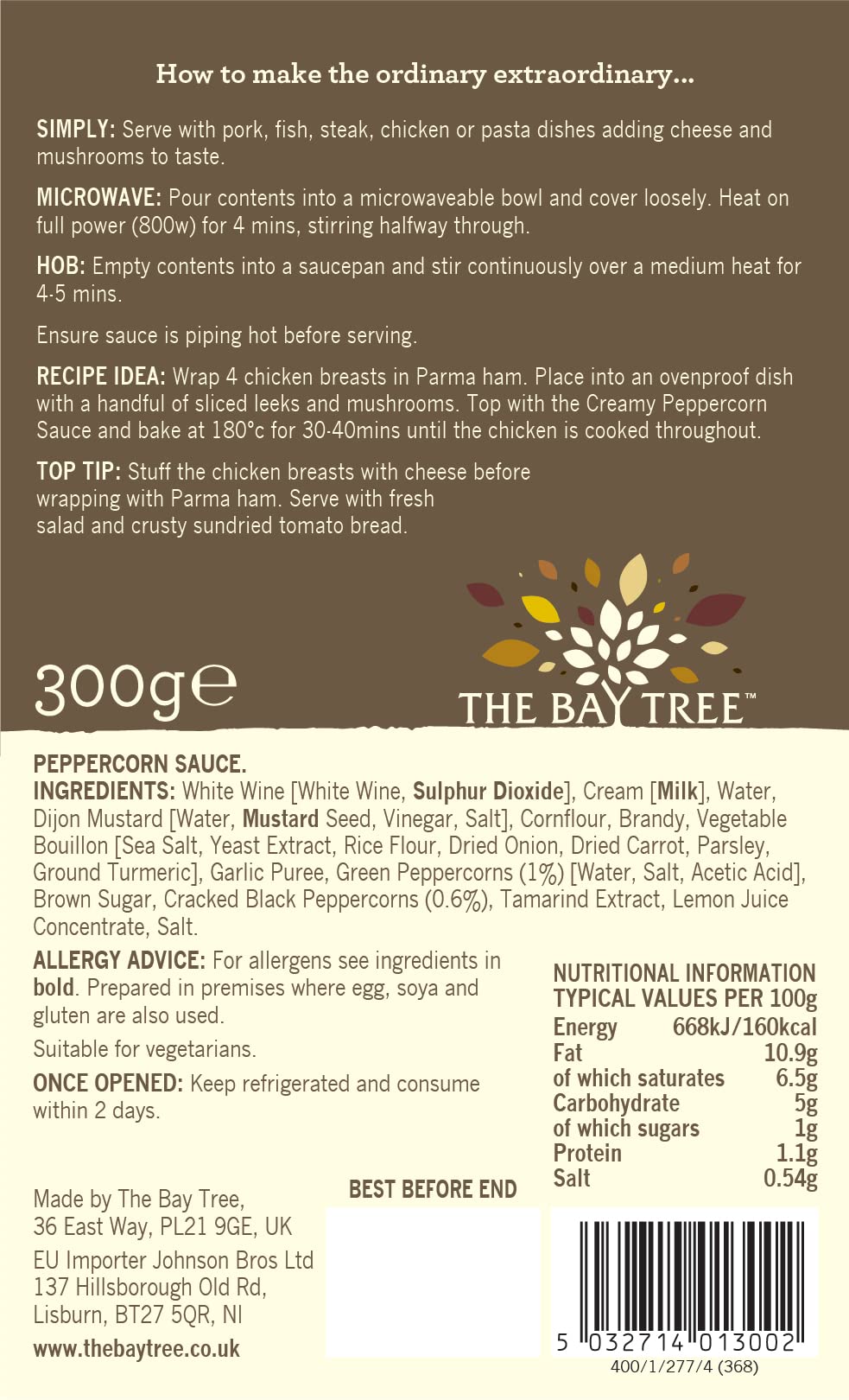 The Bay Tree Peppercorn Sauce - Creamy Sauce for Beef, Chicken, or Pork | 300g