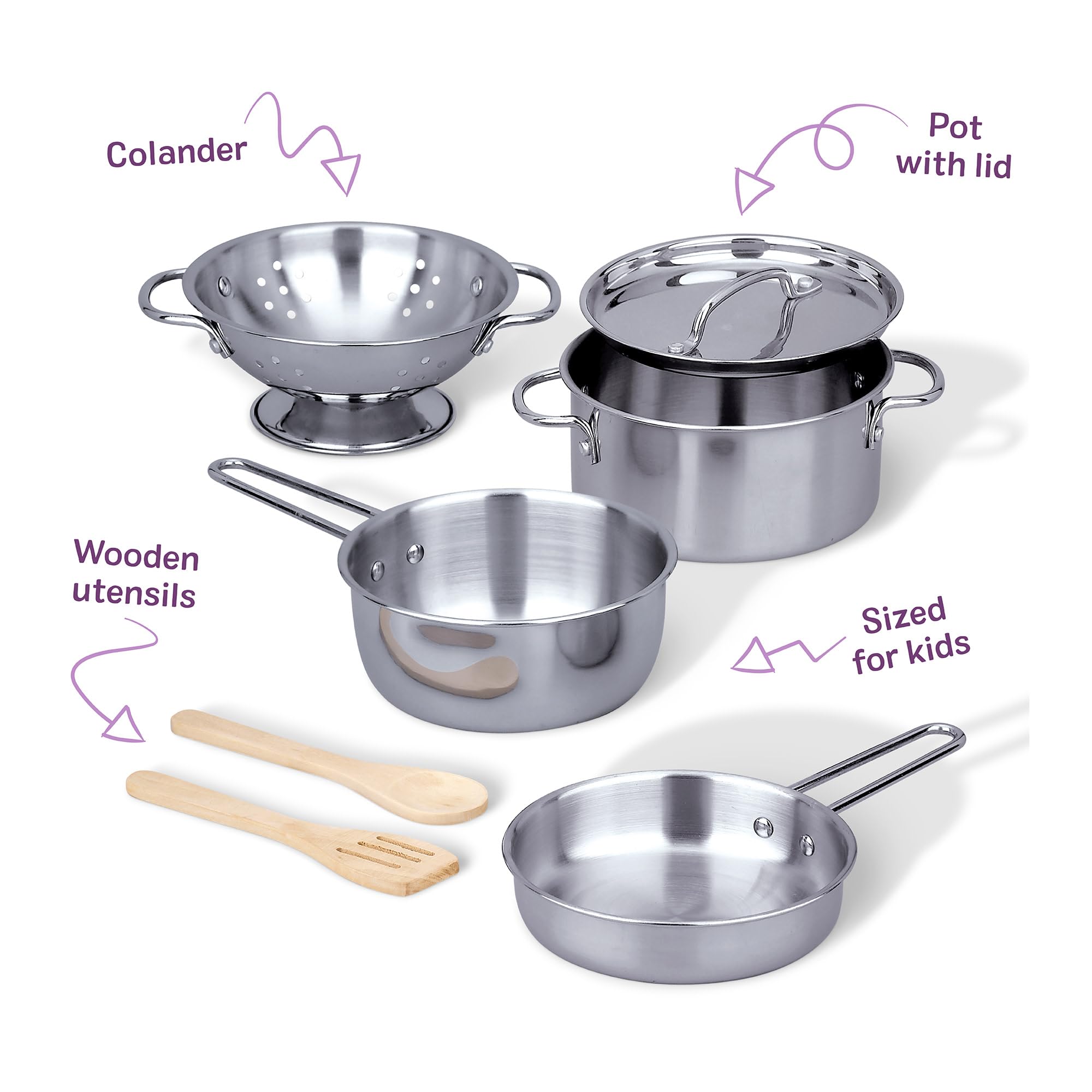 Melissa & Doug Stainless Steel Pots and Pans Pretend Play Kitchen Set - 8 Pcs | Ages 3+ 5