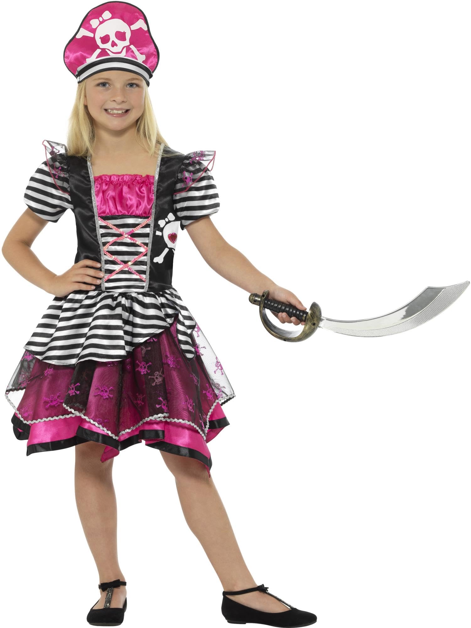 Smiffys Perfect Pirate Girl Costume, Black & Pink with Dress & Hat, Girls Fancy Dress, Pirate Dress Up Costumes 1