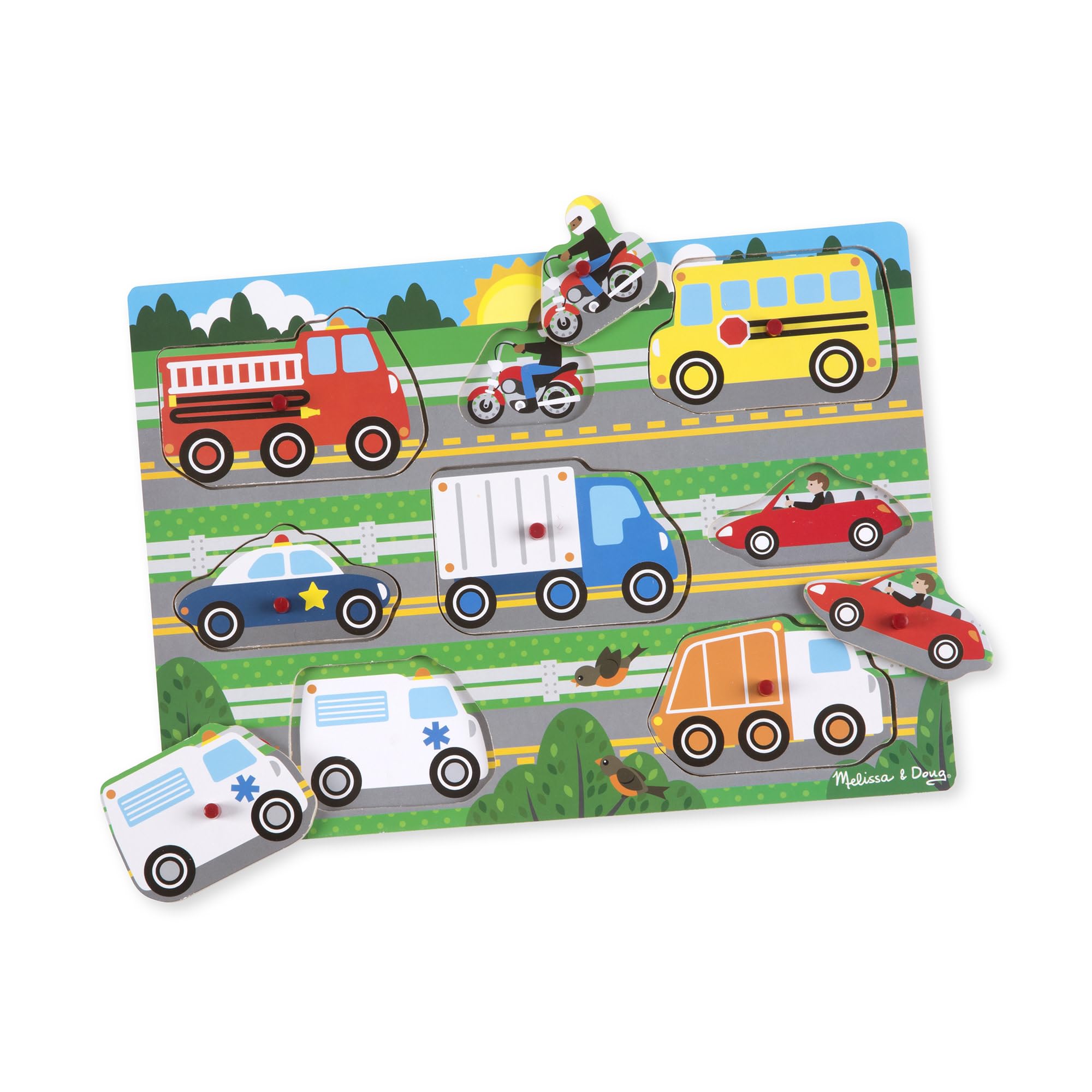 Melissa & Doug Vehicles Wooden Peg Puzzle - 8-Piece Educational Toy for Toddlers 2+ 8