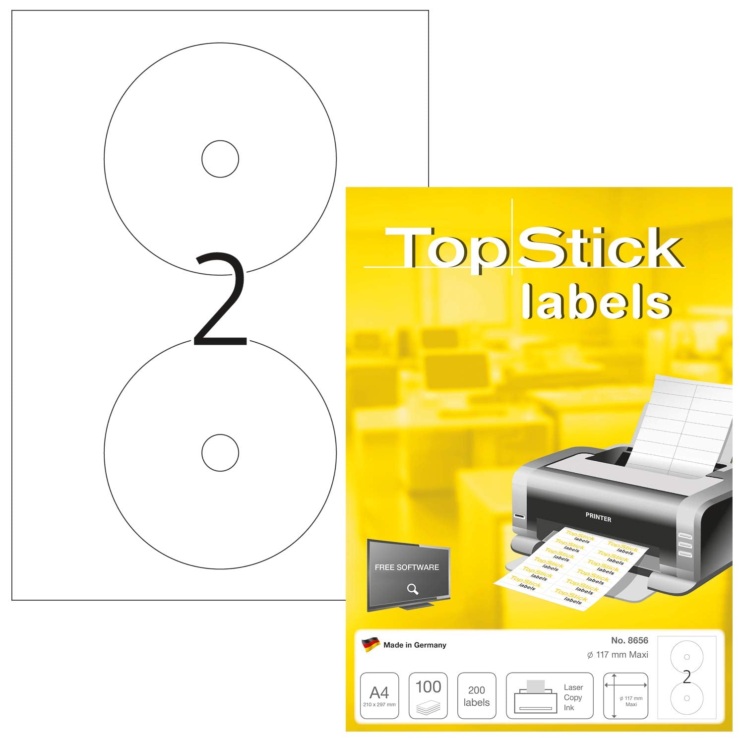 TopStick 8656 Full Face CD Labels - Ø 117 mm Maxi, 2 Labels/A4 Sheet, 200 Labels (100 Sheets)