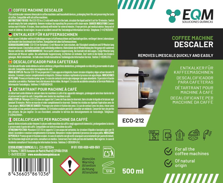EQM ECO-212 Coffee Machine Descaler - 500 ml - 100% Natural Origin with Citric Acid 6