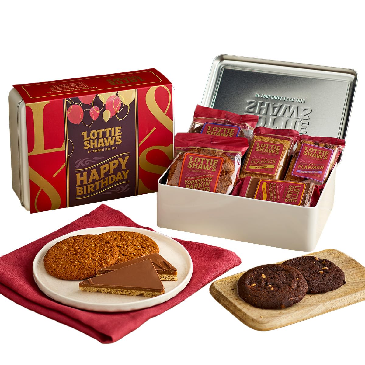 Lottie Shaw's Happy Birthday Tin of Treats - Assorted Individually Wrapped Biscuits & Flapjacks