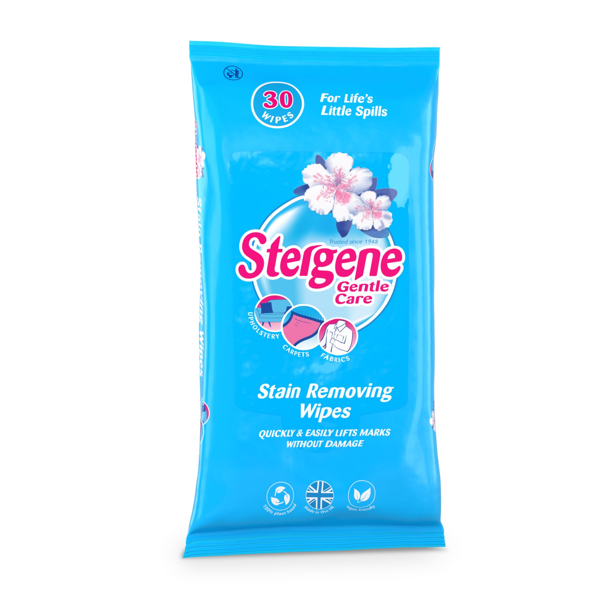Stergene Gentle Care Fabric Stain Removing Wipes - Wool-Safe Cleaner | 30 Count | Lavender Scent