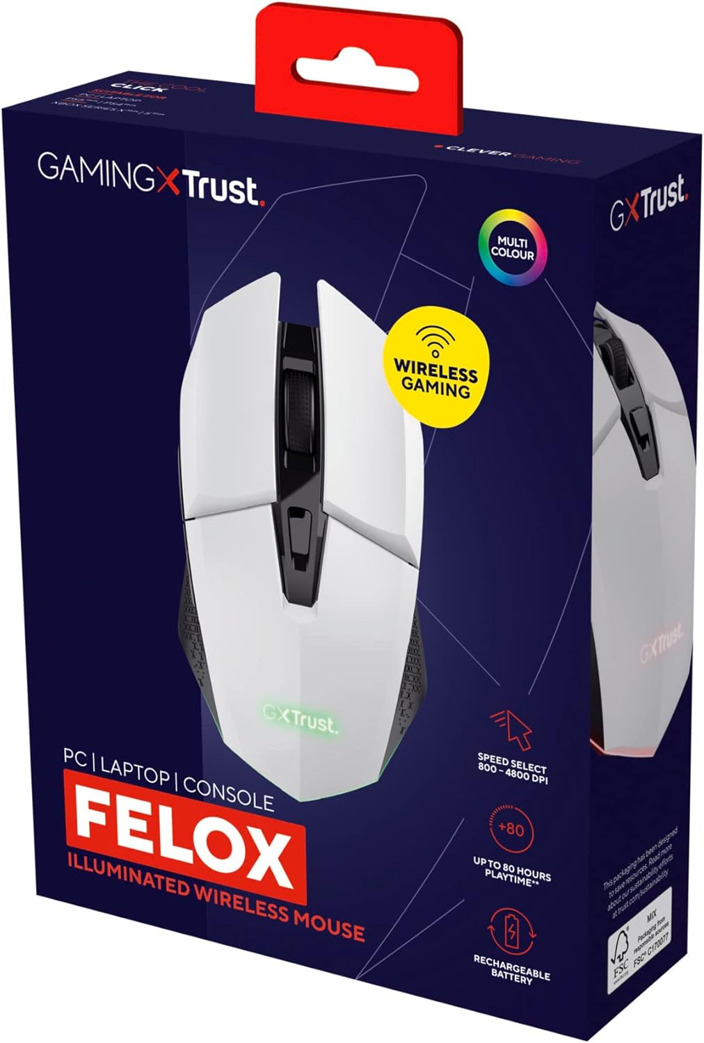 Trust GXT 110W Felox Rechargeable Wireless Gaming Mouse – 80h Battery, 800-4800 DPI, RGB Lighting, 6 Buttons, White 8