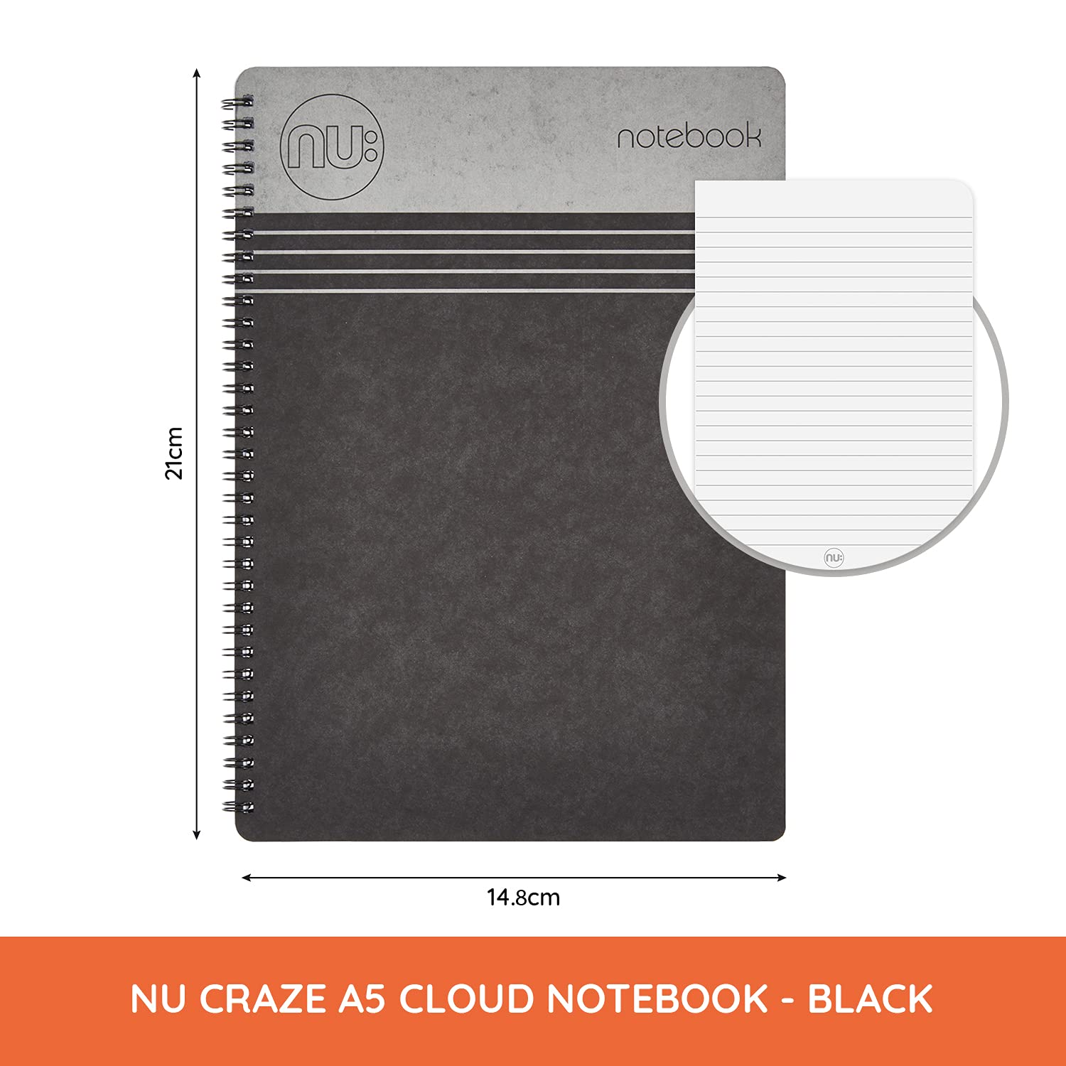 nu: Craze Cloud Range A5 Wirebound Notebook - Black Cover | 110 Pages 80gsm Ruled | Perforated