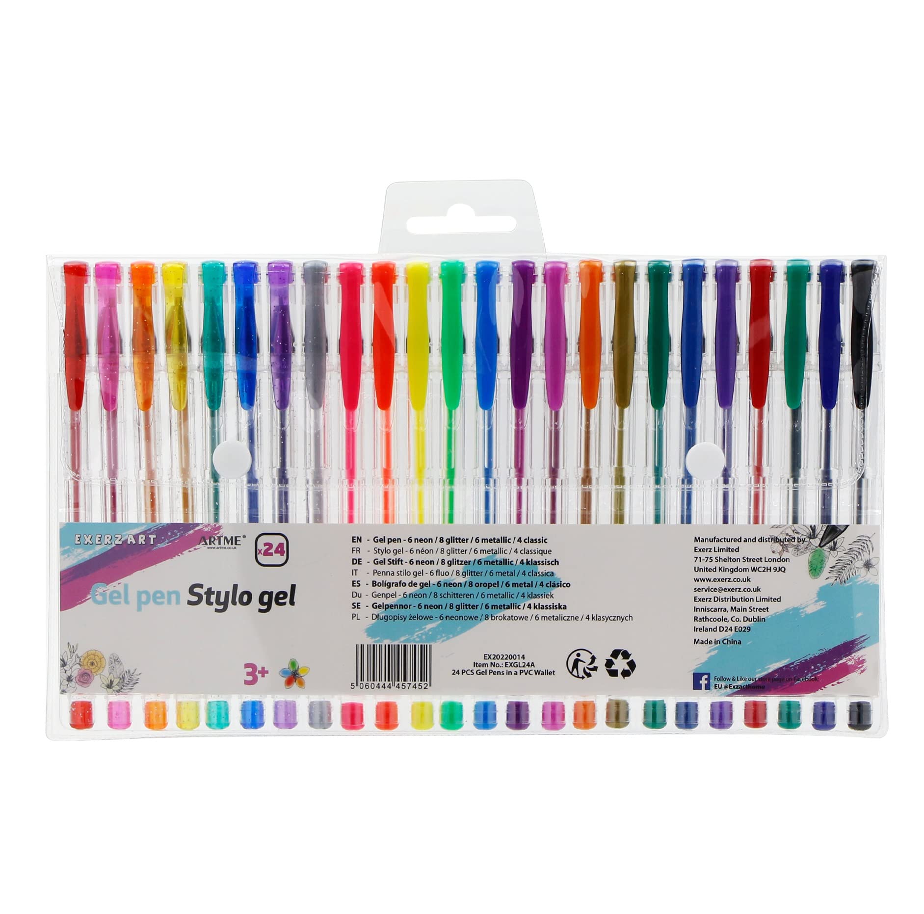 EXERZ Gel Ink Rollerball Pens - 24 Pack Rainbow Colors with Glitter, Neon, Metallic Finishes
