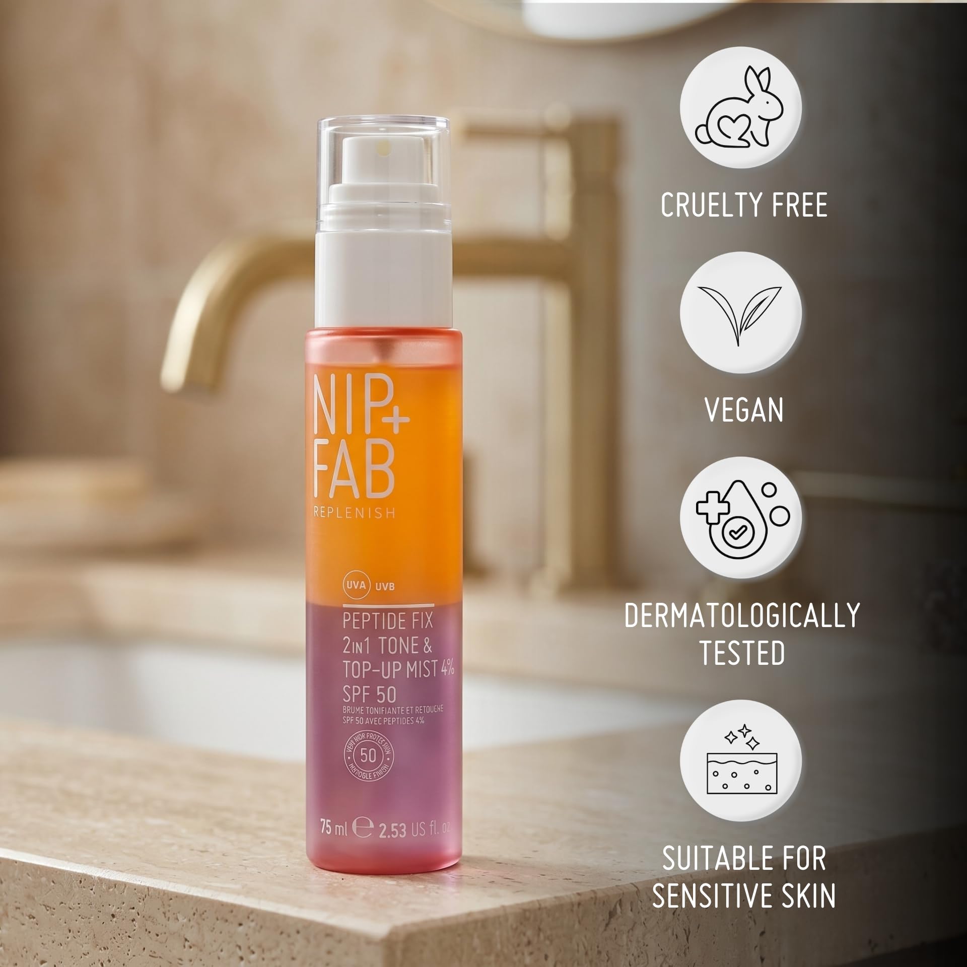 Nip+Fab Peptide Fix 2-in-1 Tone & Top-Up Mist - SPF 50, Hydrating, Plumping | 75 ml