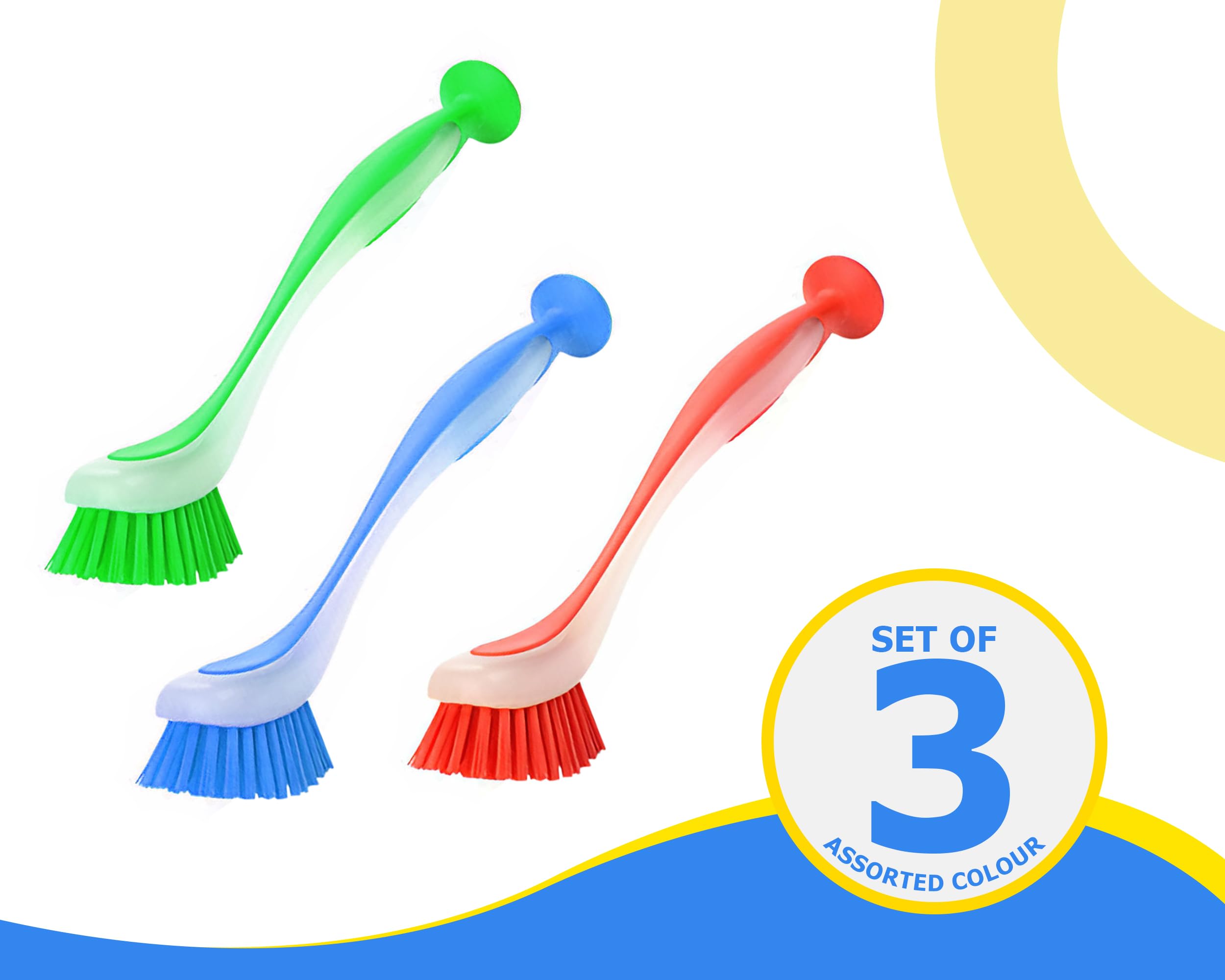 Zuvo Kitchen Scrub Brush - Long Handle with Suction Cup | Durable PET Bristles | Pack of 3