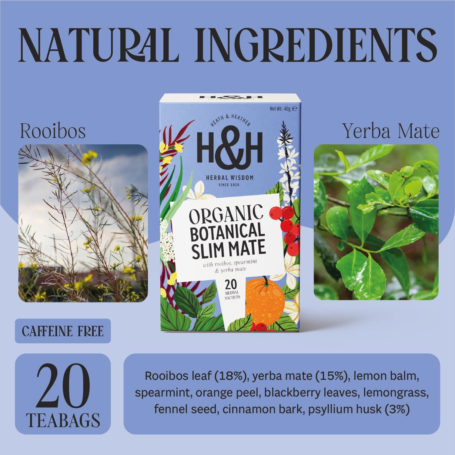 Heath & Heather Organic Slim Mate Tea with Green Tea & Yerba Mate | 20 Count Teabags | Boost Metabolism