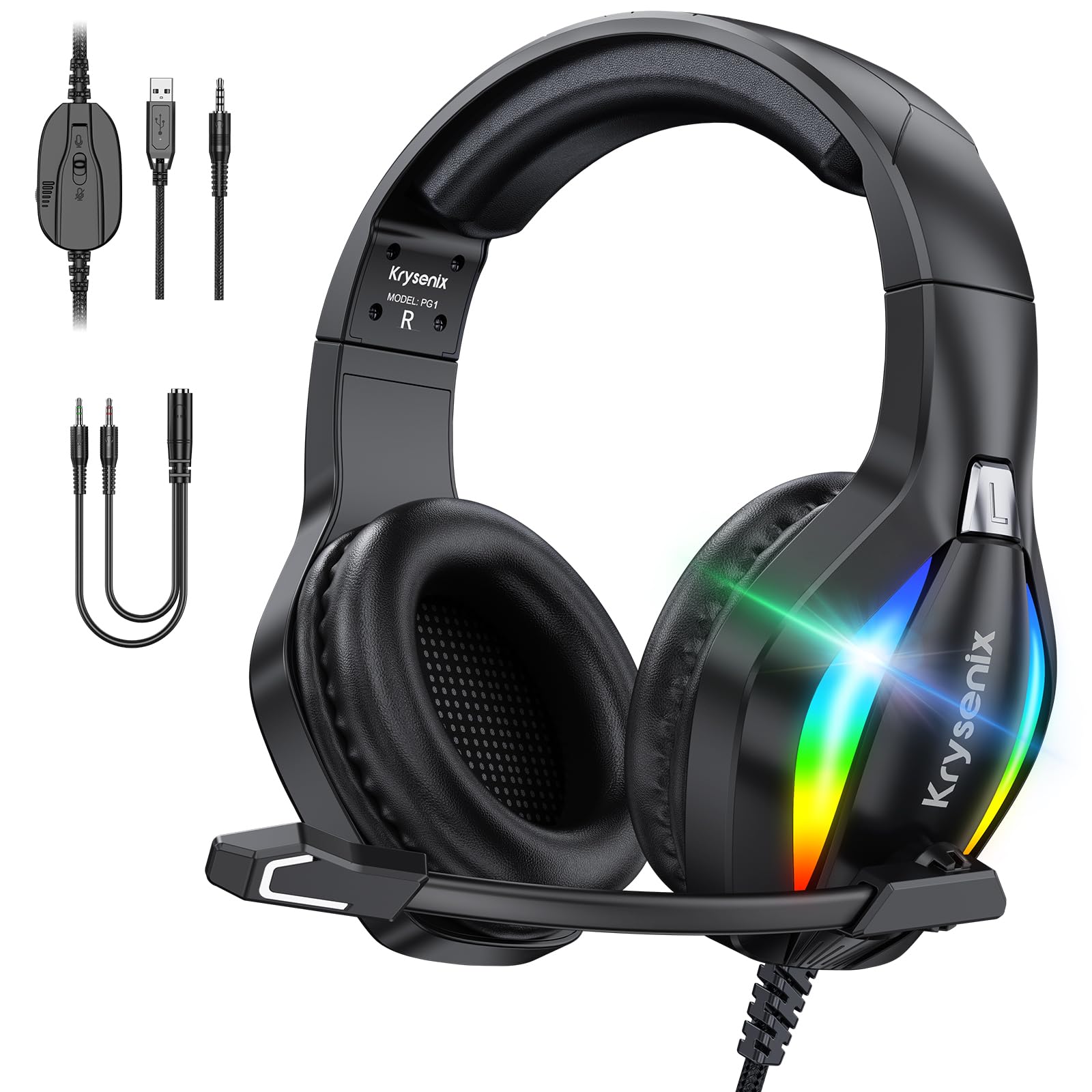 Krysenix PG1 RGB Gaming Headset - Multi-Platform Compatible, Stereo Surround Sound, Noise-Canceling Mic