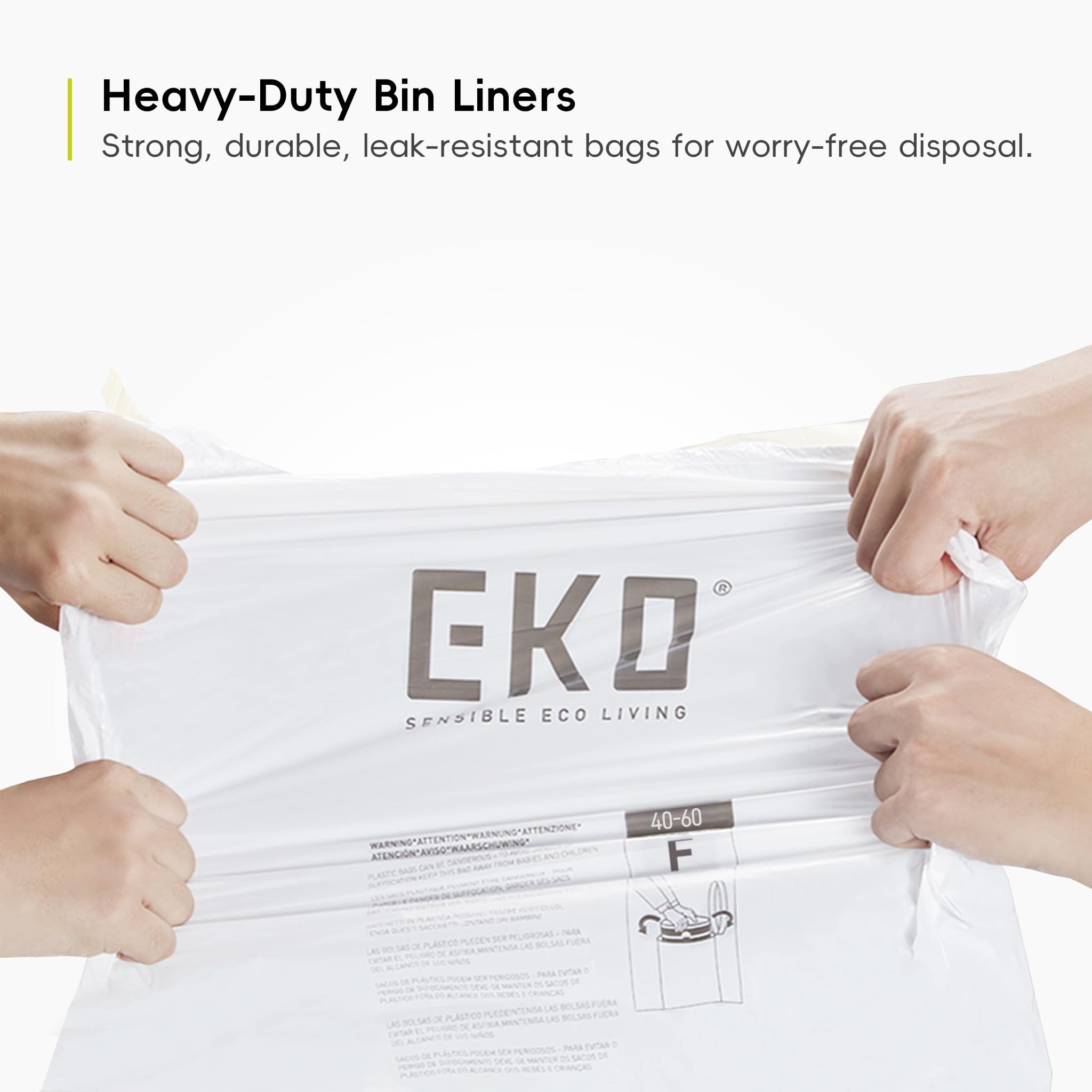EKO Extra Strong Drawstring Bin Liners for 40-60L Kitchen Bins - 12 Pack White Trash Bags 8